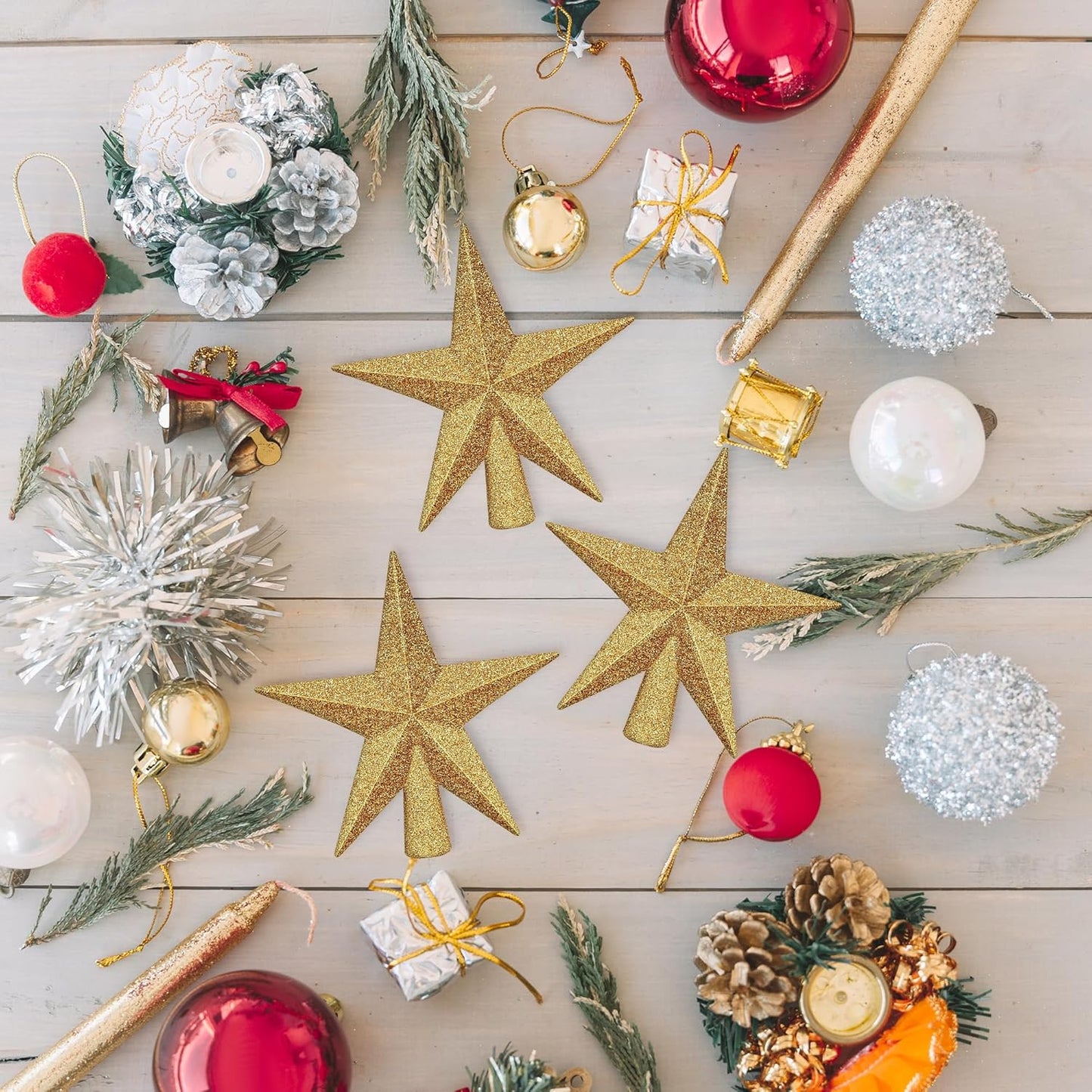 Christmas Tree Topper, 1PCS 4" Gold Glitter Star Tree Topper, 3D Xmas Shatter-Proof Mini Bethlehem Star Tree Topper Decorations, Waterproof Christmas Decor for Holiday Home Outdoor Ornament