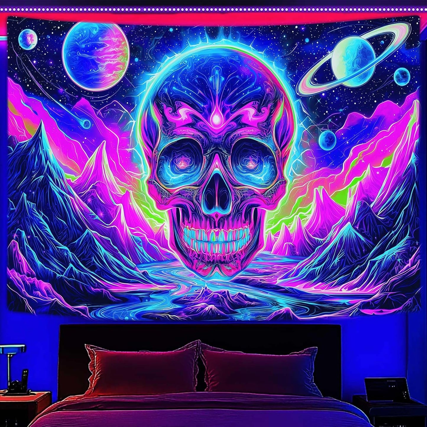 Blacklight Skull Tapestry, UV Reactive Gothic Skeleton Mountain Galaxy Planet Wall Hanging Tapestries, Glow in the Dark Horror Face Halloween Aesthetic Poster for Bedroom Living Room Decor 90X70IN