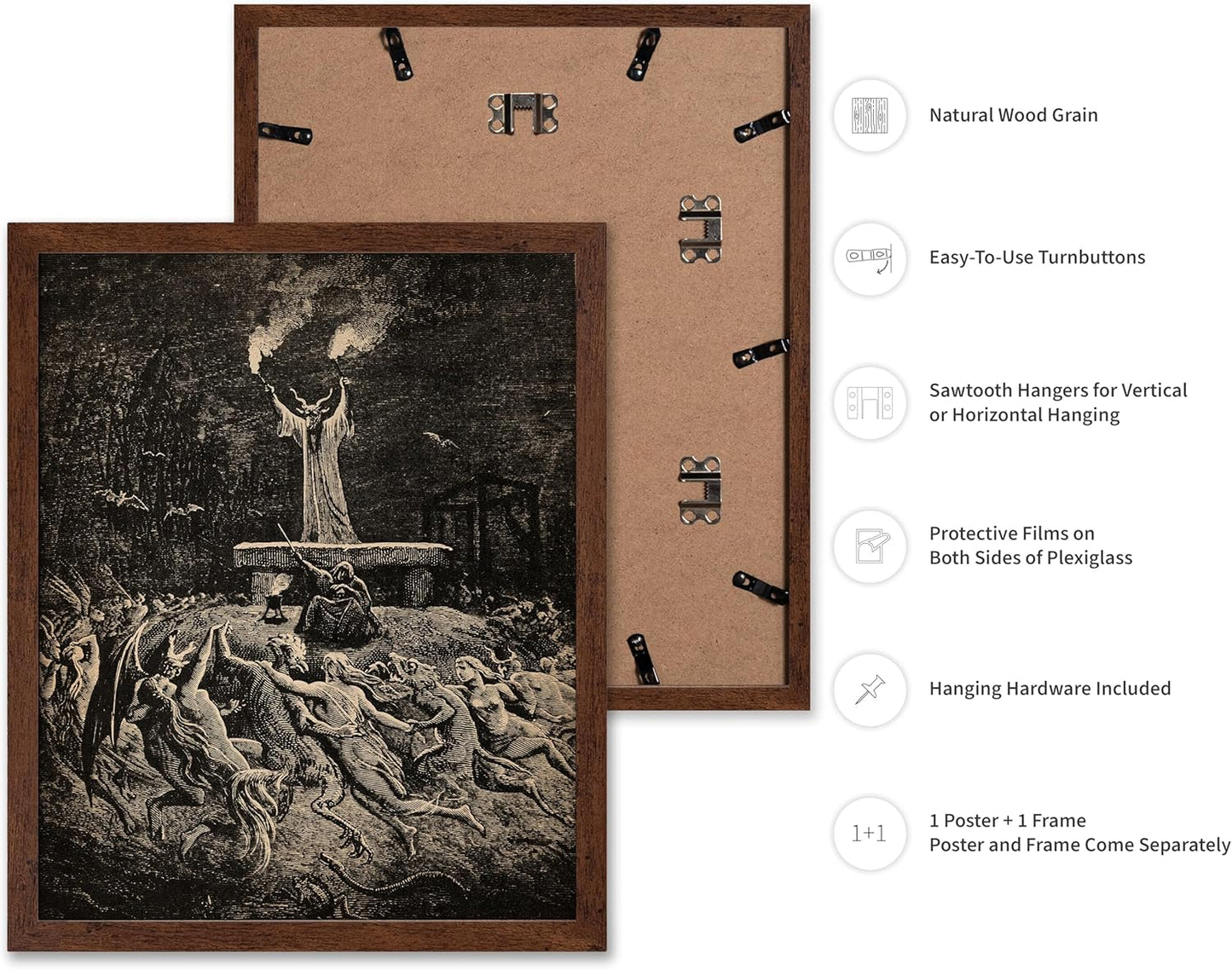 Poster Master Vintage Gustave Dore Poster - Retro Illustration Print - Gift for Gothic, Horror Fan - Dance of Sabbath, Witch, Magic, Spell - Wall Decor for Bedroom, Dorm, 16x20 Brown Framed