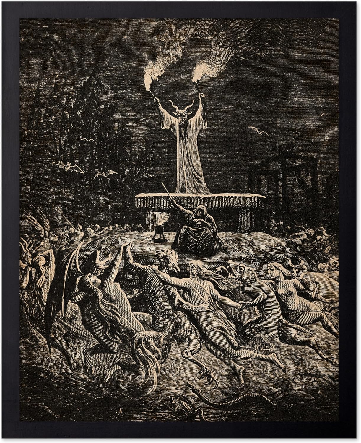 Poster Master Vintage Gustave Dore Poster - Retro Illustration Print - Gift for Gothic, Horror Fan - Dance of Sabbath, Witch, Magic, Spell - Wall Decor for Bedroom, Dorm, 16x20 Black Framed