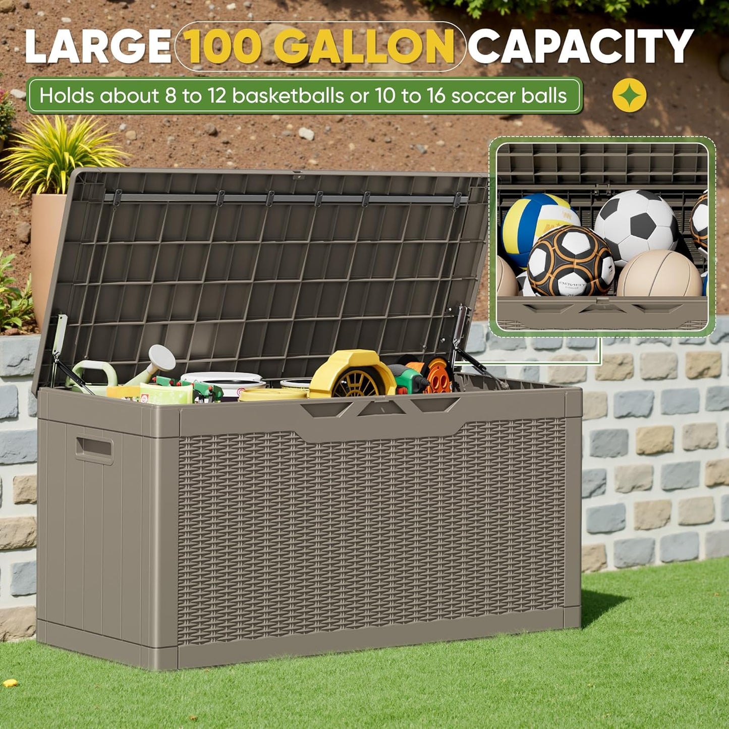 Greesum 100 Gallon Resin Deck Box Lockable Large Outdoor Storage Boxes for Garden Tools, Patio Furniture Cushions, Pool Supplies, Light Coffee