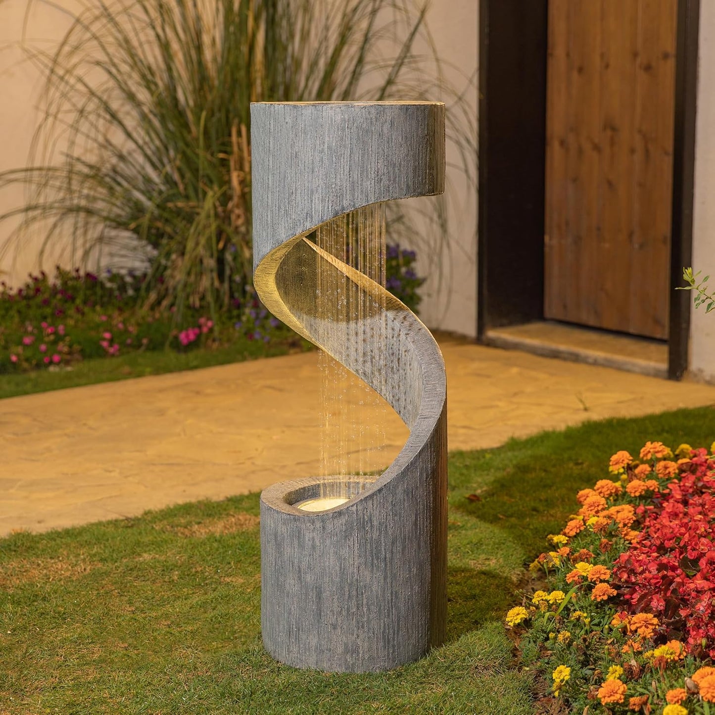 Glitzhome Tiered Outdoor Water Fountain with LED Light, Modern Spiral Outdoor Fountain with Stone Planter, Freestanding Curved Waterfall Fountains for Garden Patio Deck Porch, 40”H