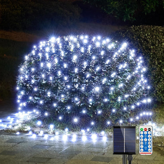 WBao Solar Christmas Lights Outdoor 200LED 8.4ft x 5.2ft Christmas Net Lights with Remote, 8 Lighting Modes, Timer, Waterproof for Lawn, Bushes, Shrubs, Trees Outdoor Christmas Decorations, Cool White