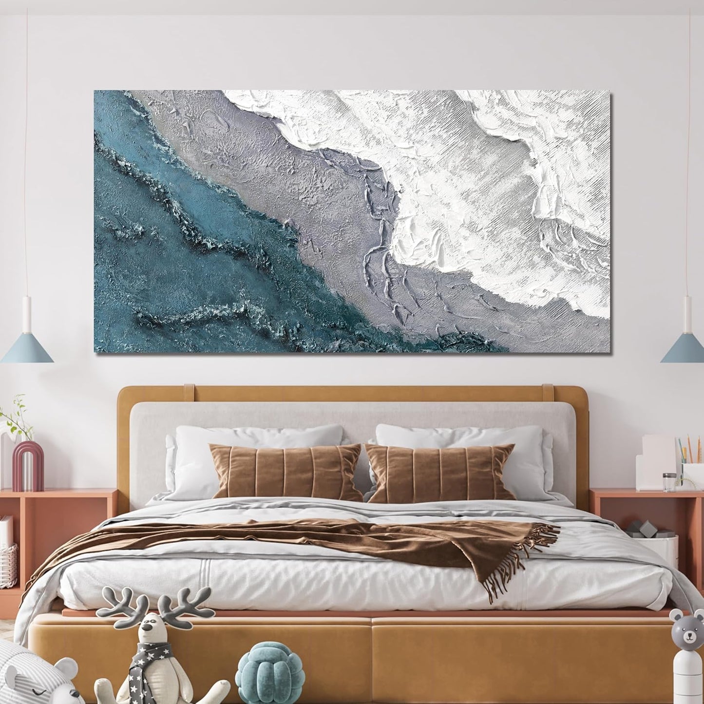 Abstract Wall Art Decor Modern Blue White Wall Art Prints Abstract Canvas Art Wall Decor Coastal Minimalist Wall Art Decorations Canvas Wave Artwork for Walls Bedroom Office Wall Art Decor 20" X 40"