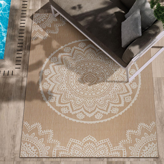 CAMILSON Outdoor Rug 9x12 Modern Area Rugs for Large Indoor and Outdoor Patios and Porches - Waterproof Washable Non-Shedding Easy-to-Clean Outside Carpet (9 x 12, Medallion - Beige/White)