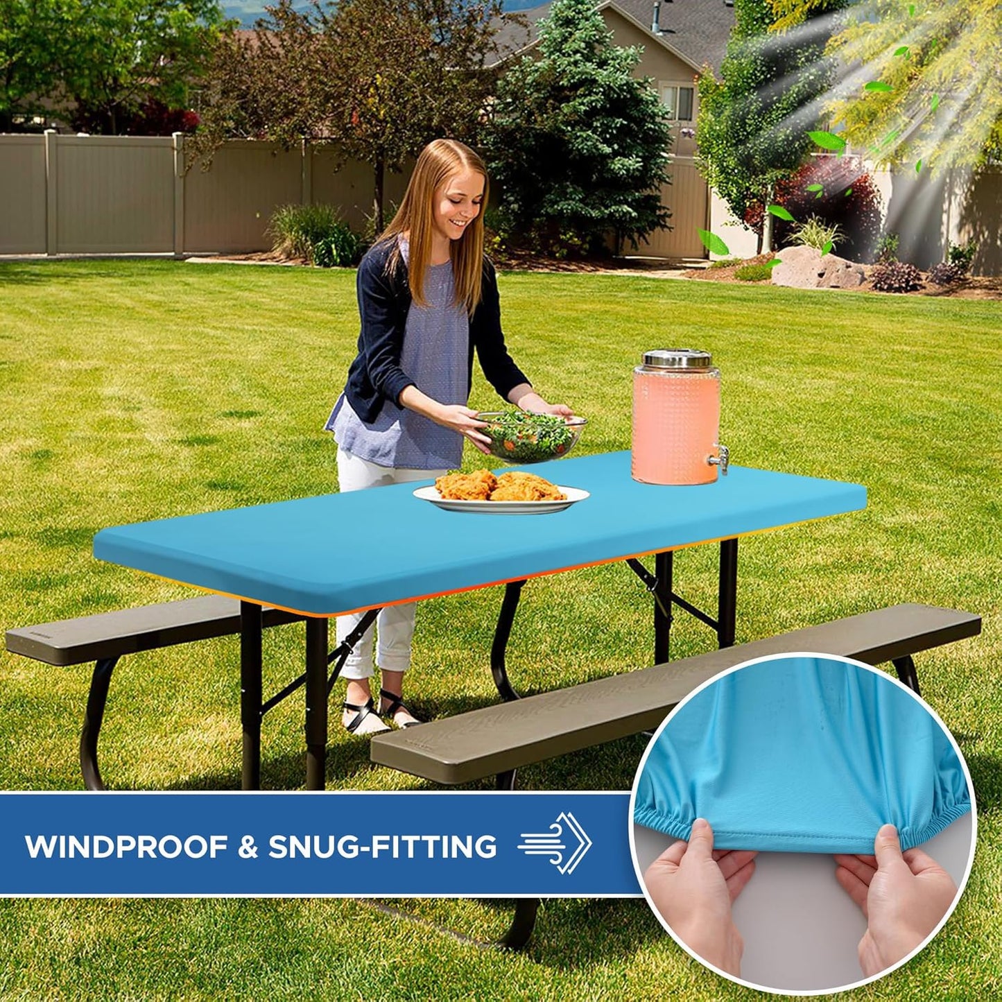 Fitted Tablecloth for 8 Foot Rectangle-6 Pack Light Blue Elastic Outdoor Picnic Table Cover-Spandex Stretch Folding Table Cloths 8ft for Camping Dining Room Patio Kitchen Banquet Party