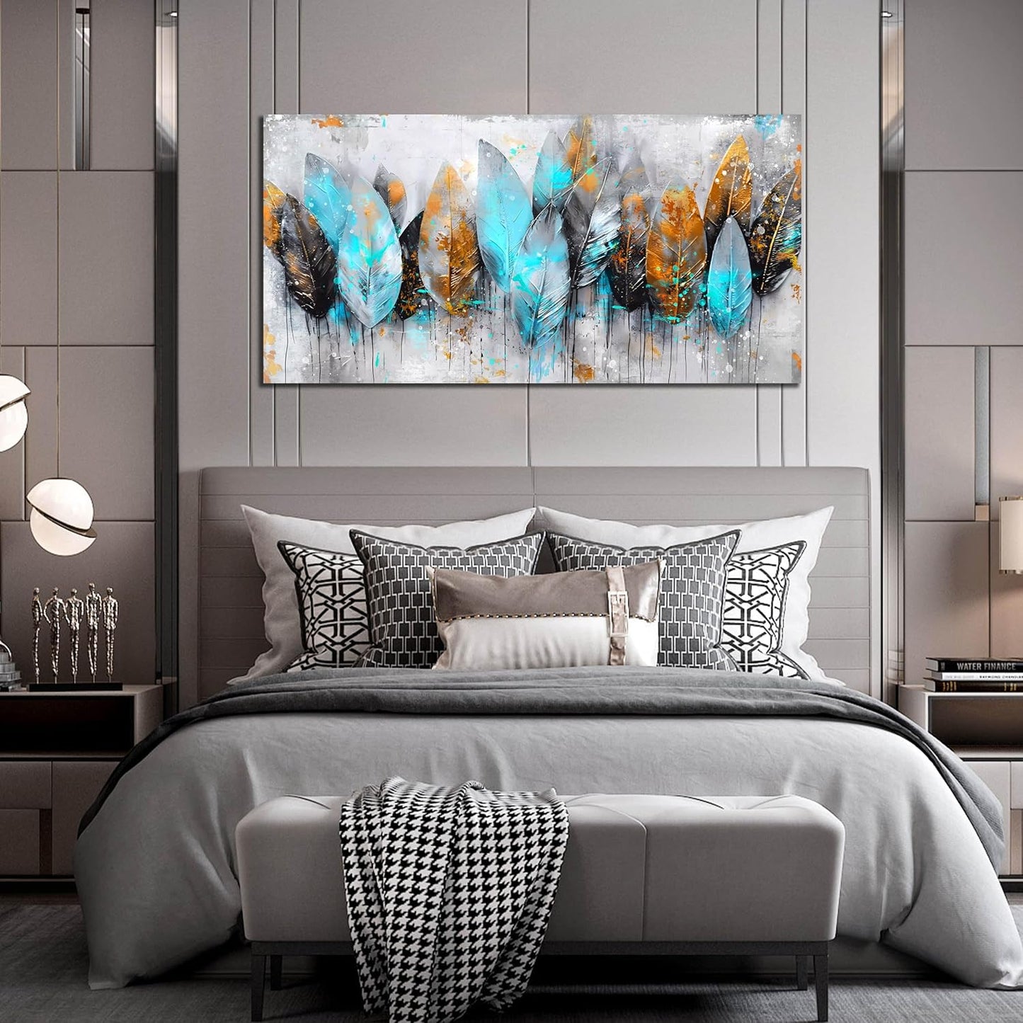 LAOTOART Leaf Canvas Wall Art - Modern Blue and Gray Living Room Wall Art - Abstract Artwork for Walls Ready to Hang Size 24" x 48"
