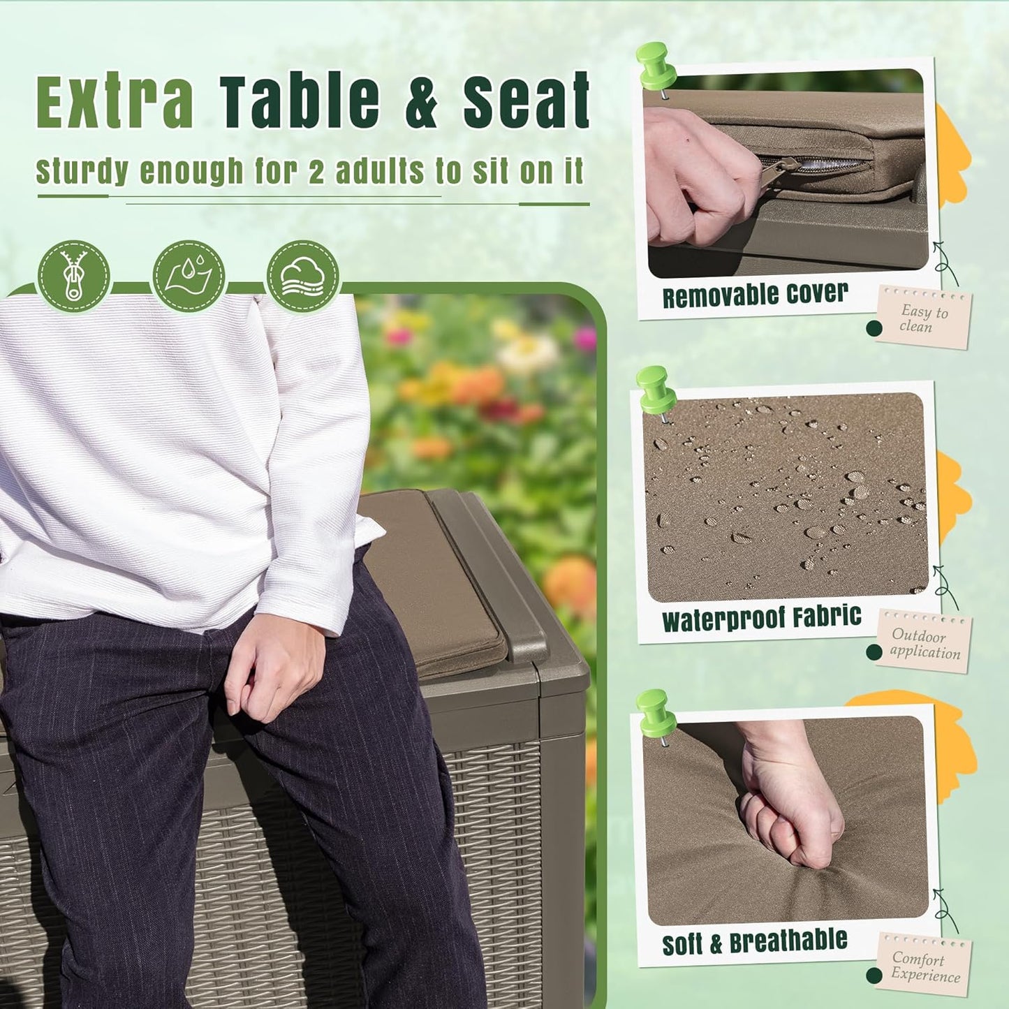 Greesum 100 Gallon Resin Deck Box Large Outdoor Storage with Cushions for Patio Furniture, Garden Tools, Pool Supplies, Weatherproof and UV Resistant, Lockable, Light Coffee