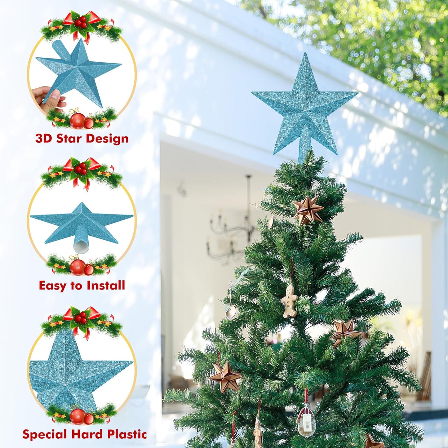 Christmas Tree Topper, Blue 8" 3D Star Tree Topper Decorations, Christmas Tree Topper Bethlehem Star Ornament, Glitter Waterproof Shatterproof Xmas Tree Decor for Holiday Xmas Home Indoor Outdoor