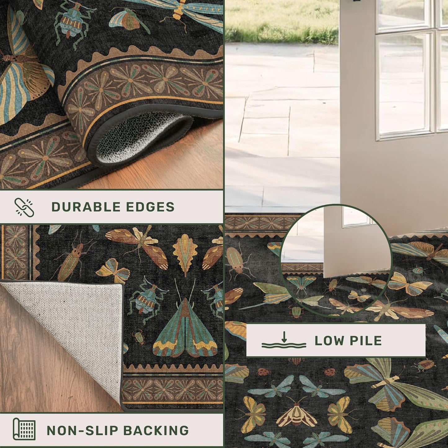 5x8 Black Rug for Bedroom - Boho Large Entryway Rug for Living Room, Under Small Dining Table, Dark Vintage Insect Witch Bug Decor, Washable Low Pile Waterproof Non Slip & Stain Resistance