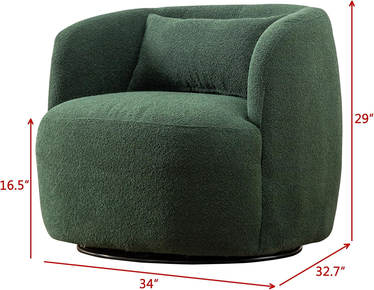 KINWELL 34" Wide Boucle Swivel Barrel Chair, No Assembly Round Upholstered Armchair Accent Chair Single Sofa Chair with Toss Pillow for Living Room and Bedroom, Green