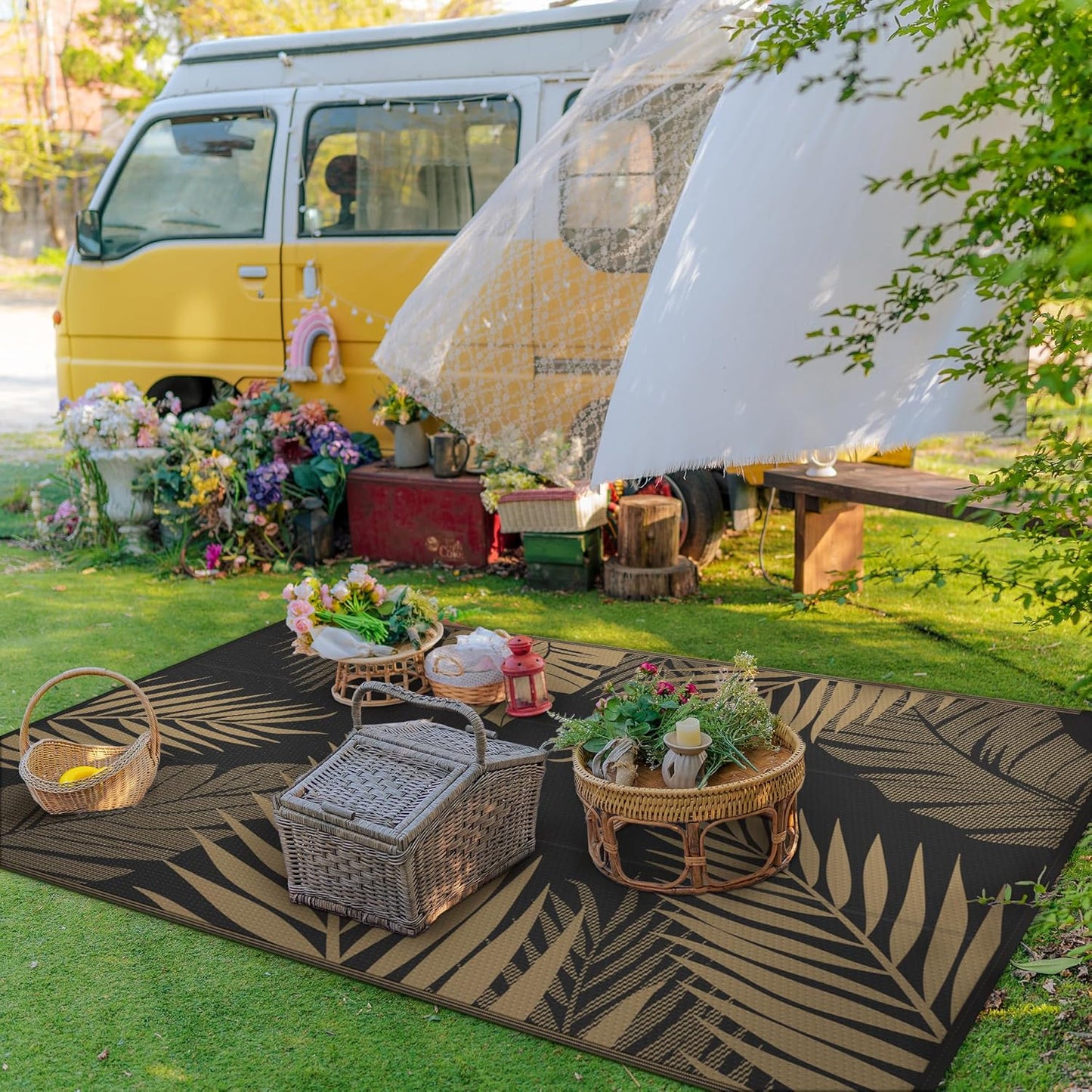 GENIMO Outdoor Rug 8' x 10' Waterproof for Patios Clearance, Reversible Outdoor Plastic Straw Camping Rug Carpet, Large Area Rugs Mats for RV, Camper, Deck, Balcony, Porch, Beach, Picnic, Black&Brown