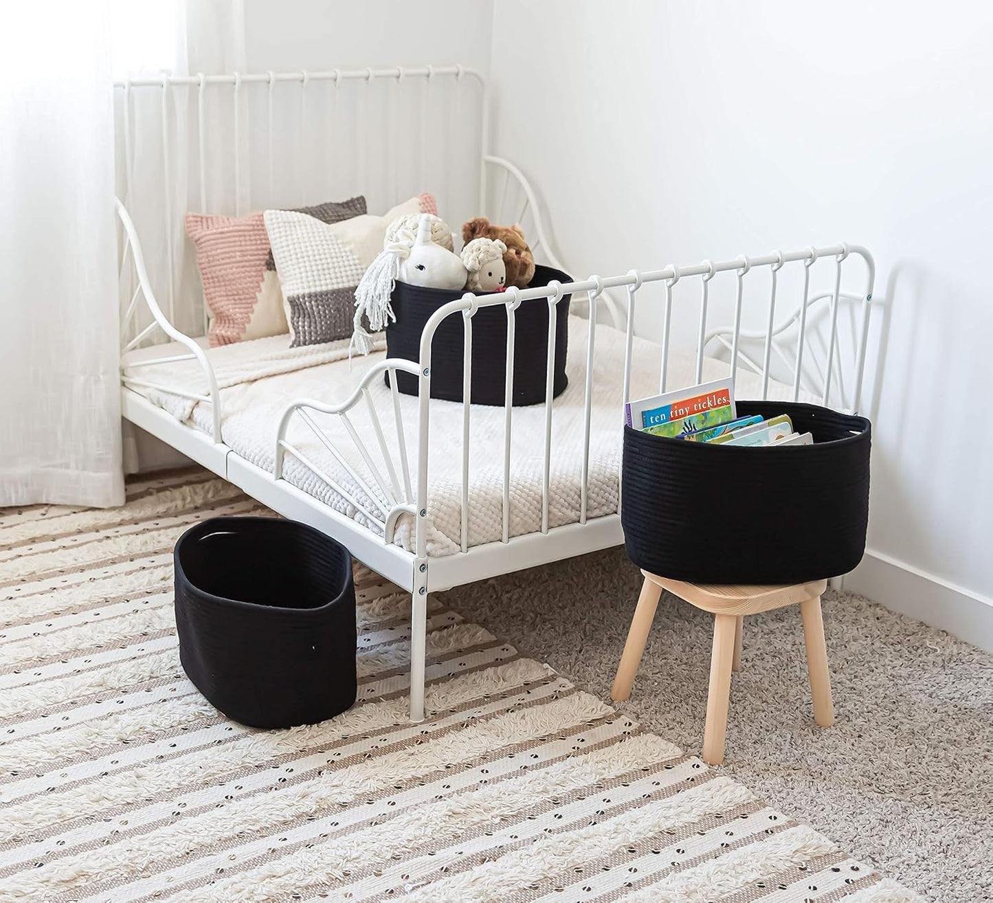 OrganiHaus Set of 3 Woven Storage Baskets for Organizing, Cotton Rope Organizer Bins for Shelves, Closet & Nursery, Dog Toy Basket, Decorative Bins for Toys, Towels & Books - 15x10x9, Black