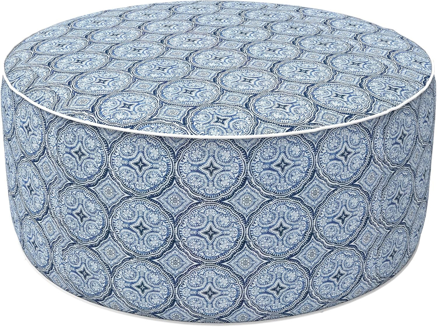 LVTXIII Outdoor Inflatable Ottoman, Fade-Resistant Round Footrest Stool D31”x H14”, Portable Patio Pouf for Garden Camping or Home Use, Medallion Blue