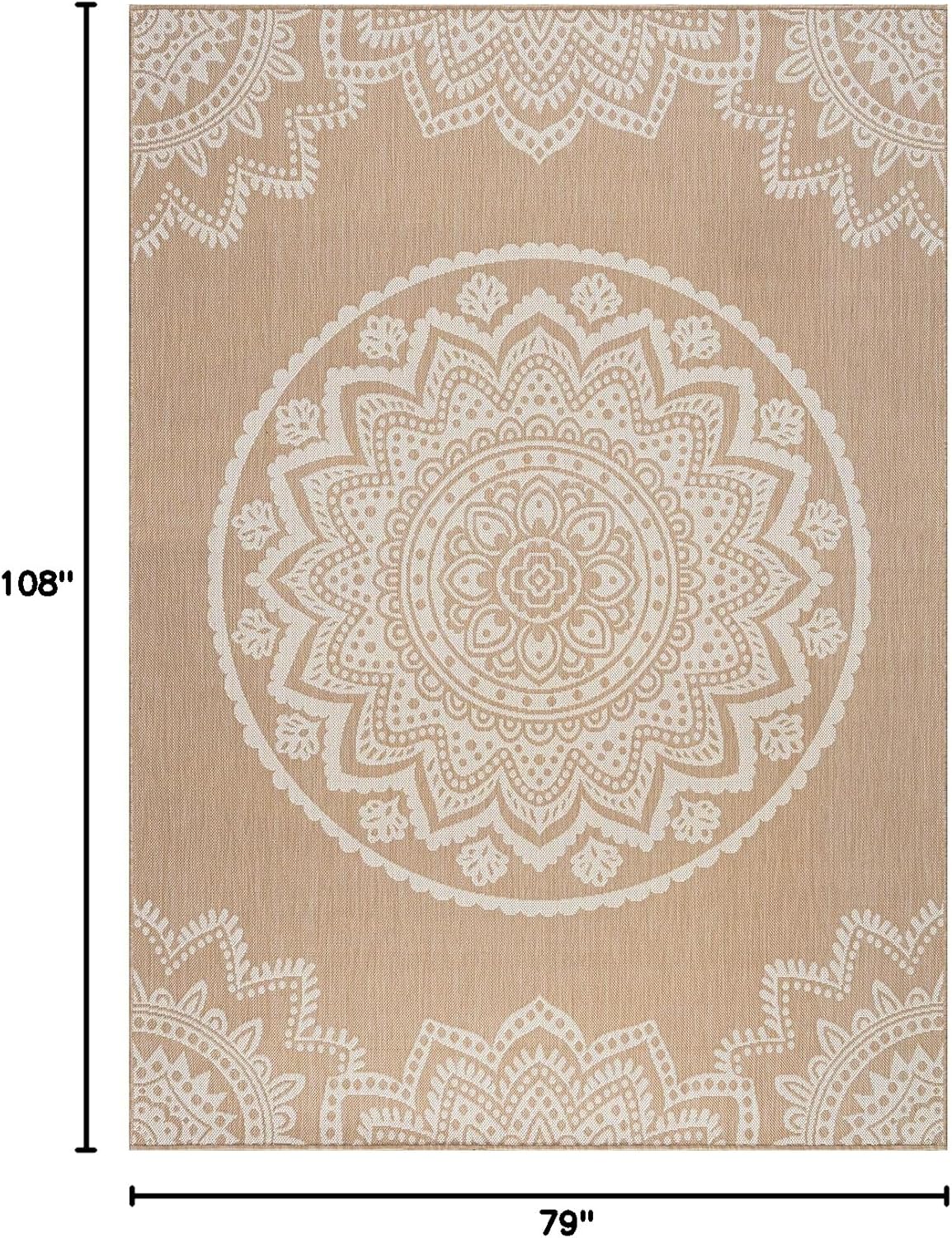 CAMILSON Outdoor Rug 6x9 Modern Area Rugs for Indoor and Outdoor Patios and Porches - Waterproof, Washable, Non-Shedding, Easy-to-Clean Outside Carpet (6 x 9, Medallion - Beige/White)