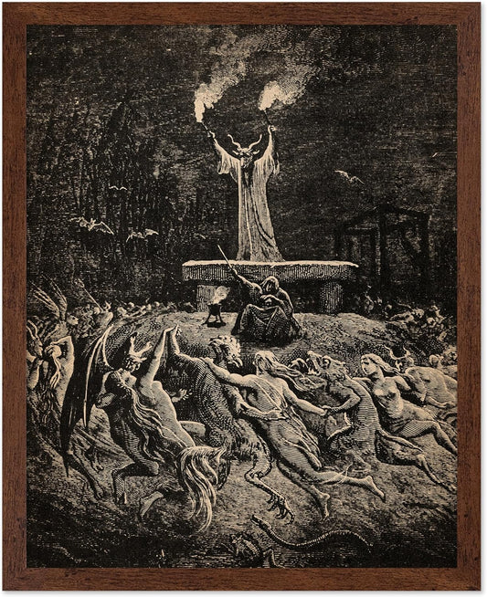 Poster Master Vintage Gustave Dore Poster - Retro Illustration Print - Gift for Gothic, Horror Fan - Dance of Sabbath, Witch, Magic, Spell - Wall Decor for Bedroom, Dorm, 16x20 Brown Framed