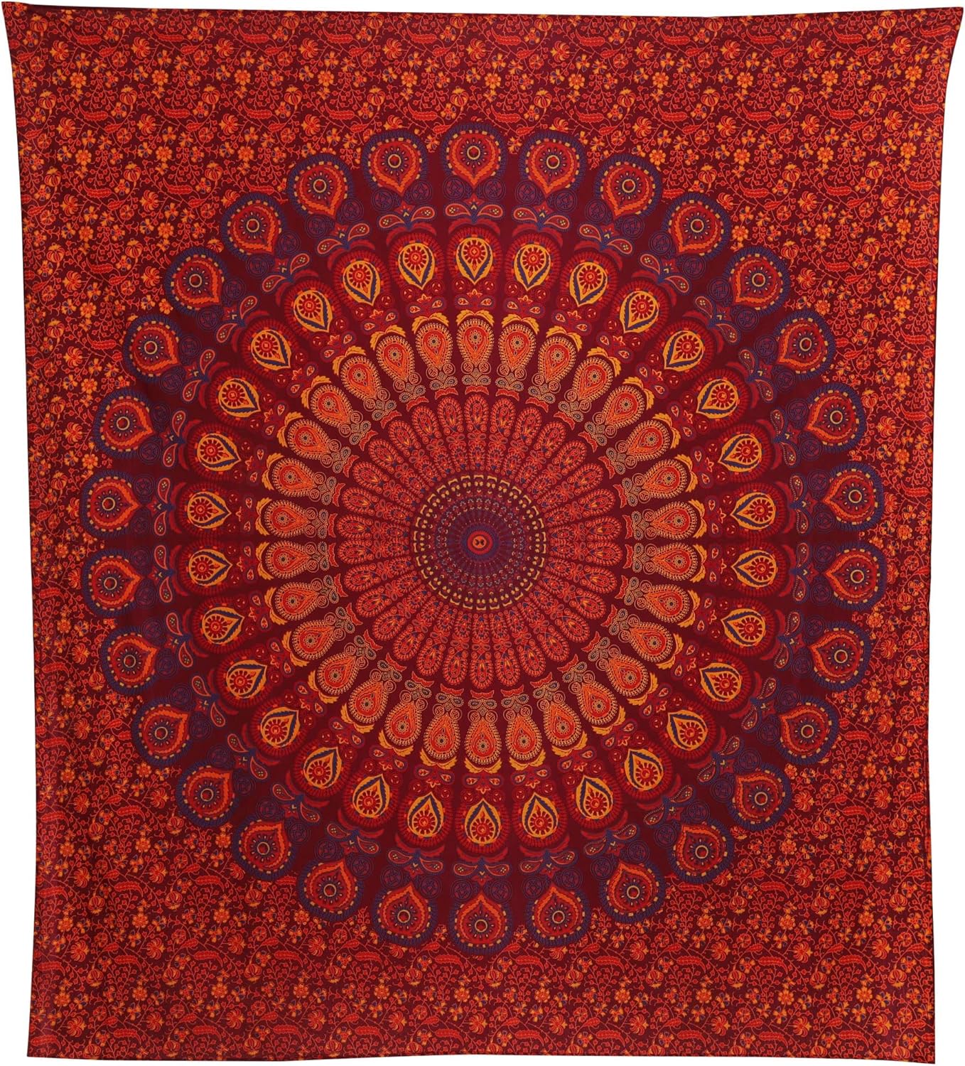 Bless International Handmade Indian hippie Bohemian Psychedelic Peacock Mandala Wall hanging College Dorm Beach Throws Table Cloth Bedding Tapestry (Golden Brown Maroon,