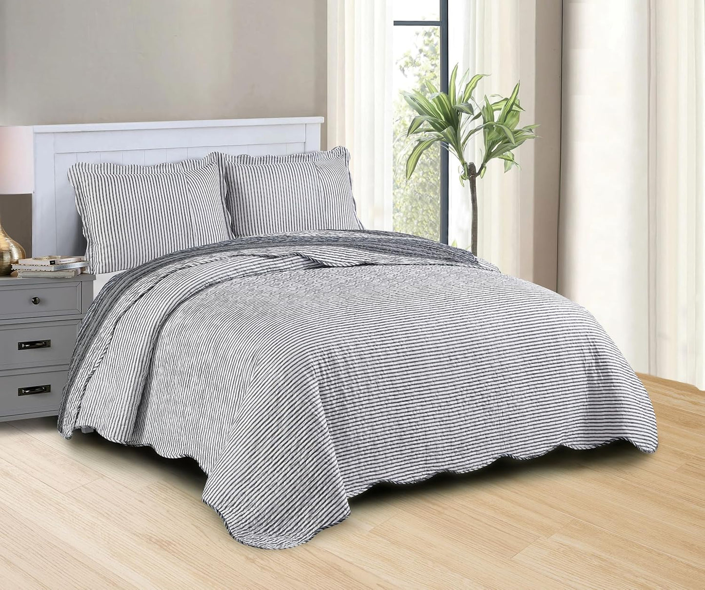 Brilliant Sunshine Multi Grey Stripes Patchwork, 3-Piece Quilt Set with 2 Shams, Reversible Bedspread, Soft Lightweight Coverlet, All-Season, Full/Queen, Multi Grey