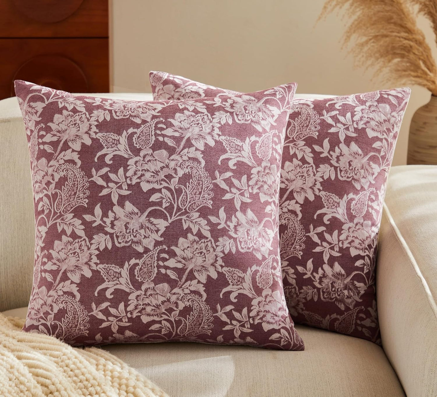 Floral Jacquard Throw Pillow Covers Set of 2, Background/Burgundy 22x22 Inch, Farmhouse Decorative Cotton Burgundy Cushion Covers for Sofa Bed Living Room Home Decor