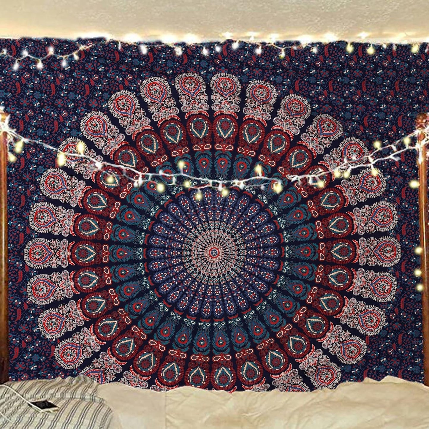 Bless International Handmade Indian hippie Bohemian Psychedelic Peacock Mandala Wall hanging College Dorm Beach Throws Table Cloth Bedding Tapestry (Midnight Blue, Queen(84x90Inches)(215x230Cms))