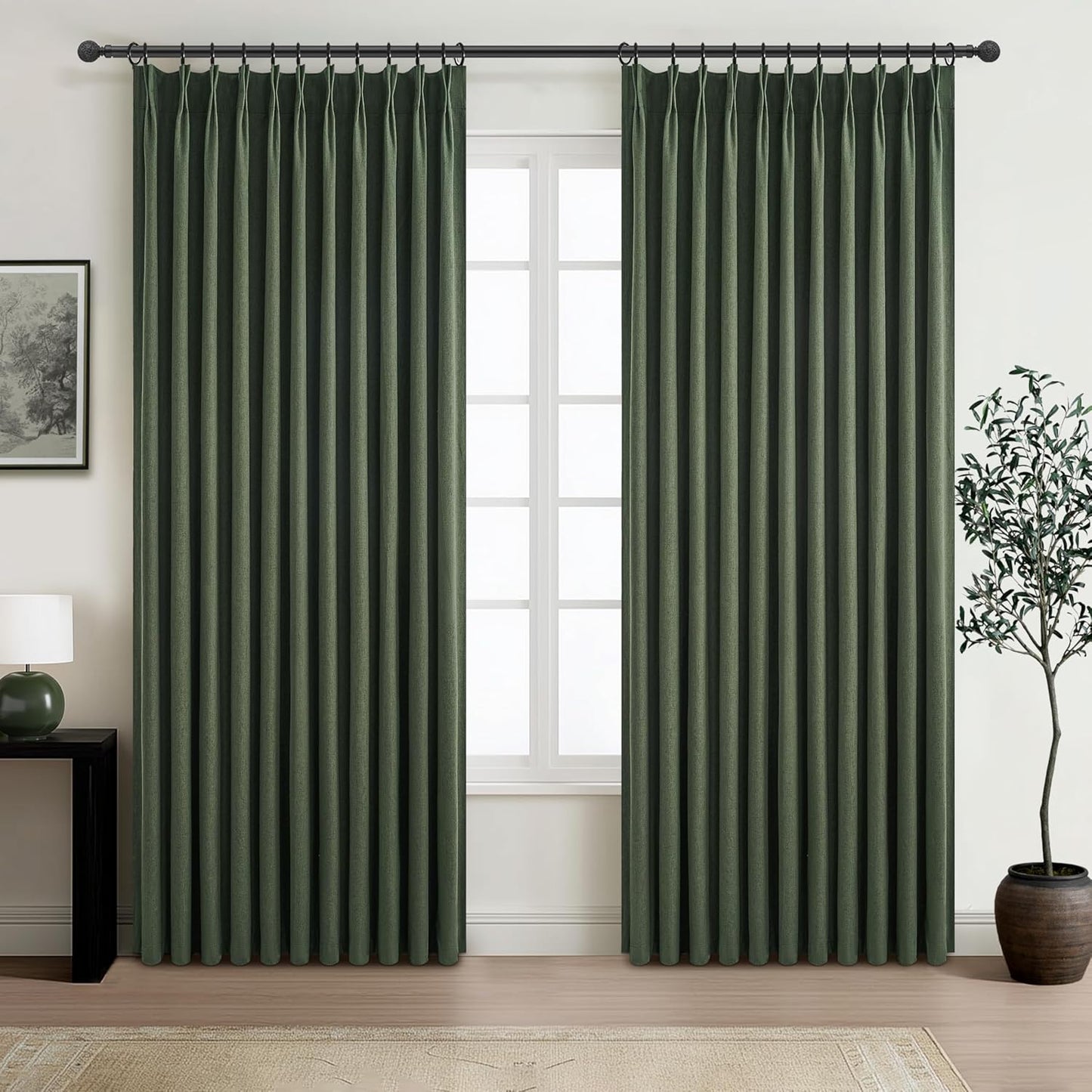 Curtains 70 Inch Length Extra Wide Pinch Pleated Blackout Curtain for Sliding Glass Door/Living Room, Farmhouse Olive Green Thick Heavy Duty Insulated Large Window Drapes (70"Wx90"Lx2Panels Loden)
