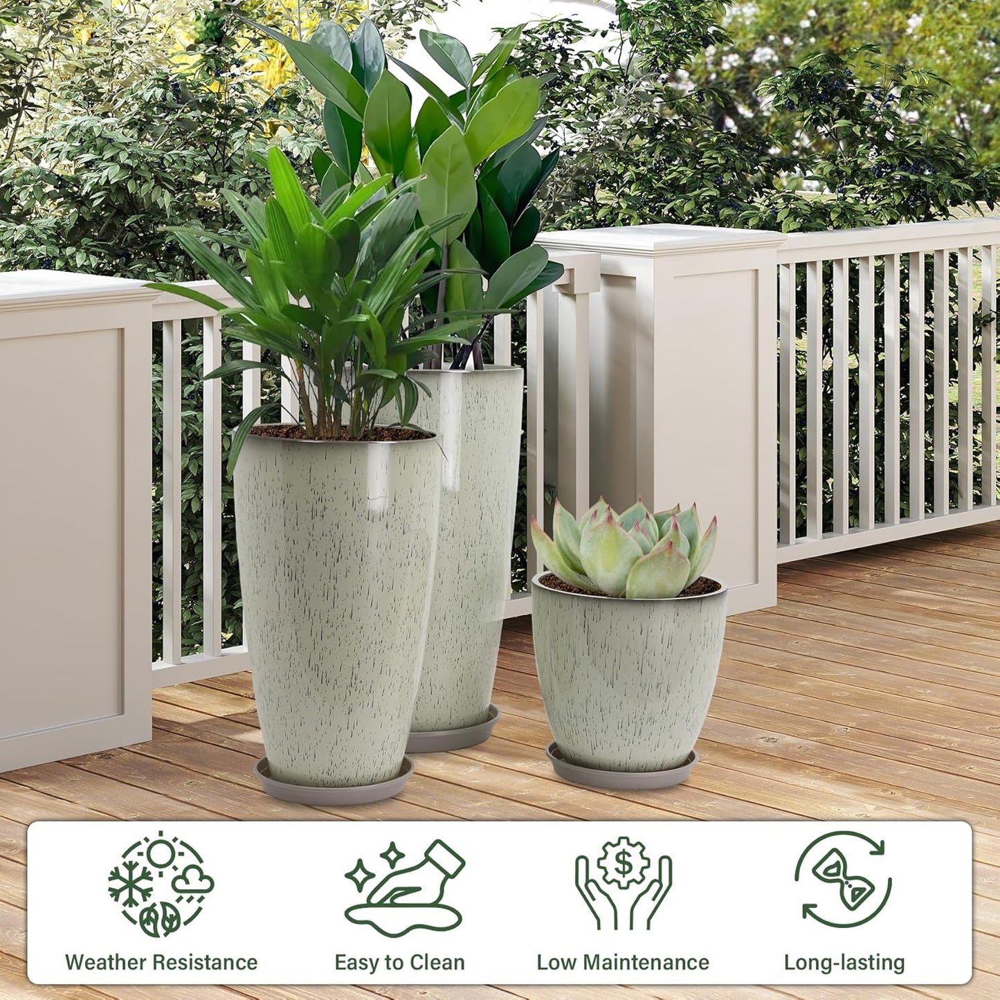 24/21/12 Inch Large Plastic Planter, Lightweight Ceramic-Look Large Flower Pots with Drain Hole & Saucers, Plastic Outdoor Planters for Garden, Patio, Balcony(Glaze White)