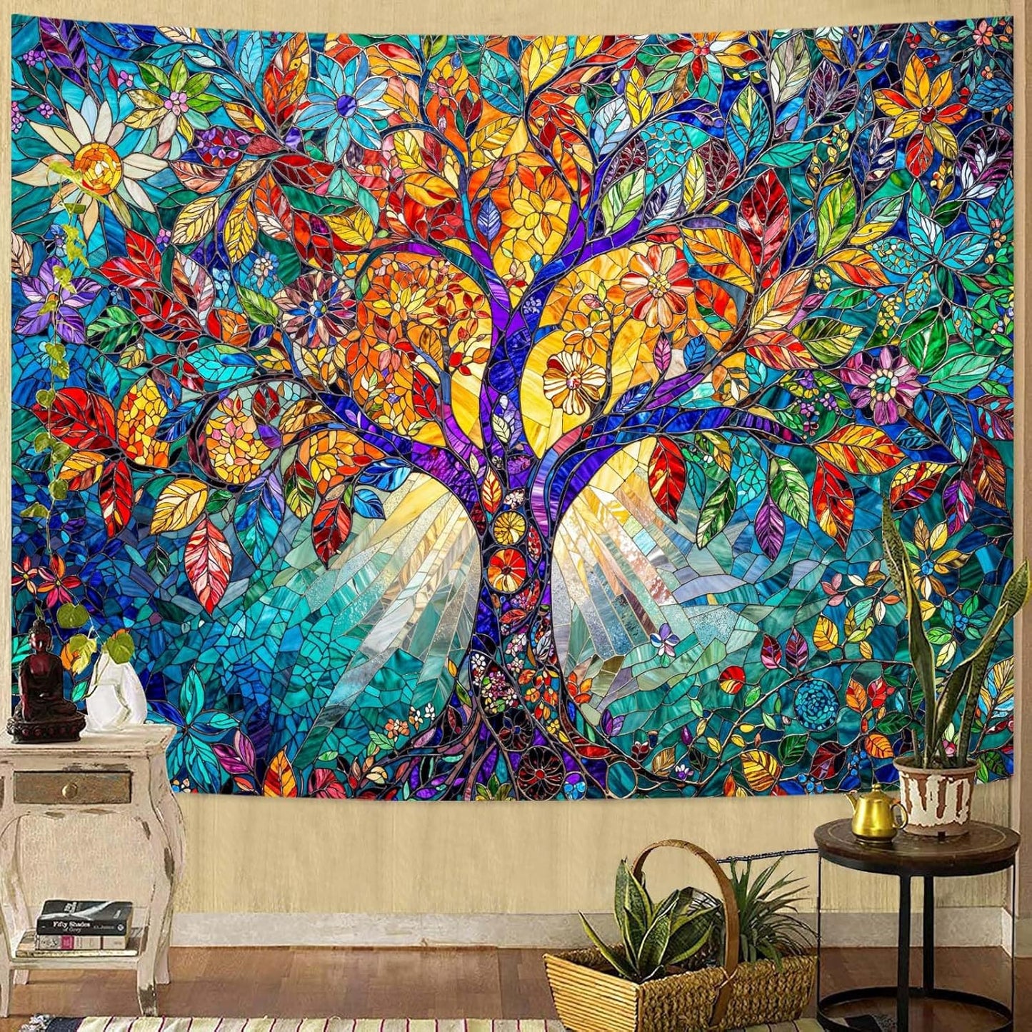 Lunerfex Tree of Life Tapestry Stained Glass Tapestry Wall Decor Tapestries for Bedroom Art Tapestries Wall Hanging for Bedroom Living Room Glass-Tree-02 44"x60"