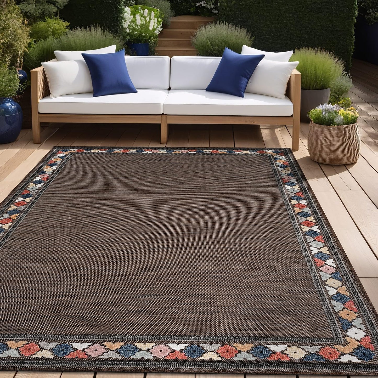 Beverly Rug Outdoor Rug 4x6 Modern Bordered Area Rugs for Indoor and Outdoor Patio Easy to Clean Non Shedding Living Room Porch Garden Washable Outside Carpet (4 x 6 Brown)