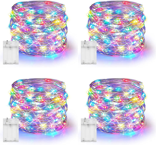Dazzle Bright Fairy Lights Battery Operated, 4 Pack Total 80FT 240LED Silver Wire Waterproof String Lights, Christmas Decorations for Indoor Outdoor Bedroom Yard Decor, Multi-Colored