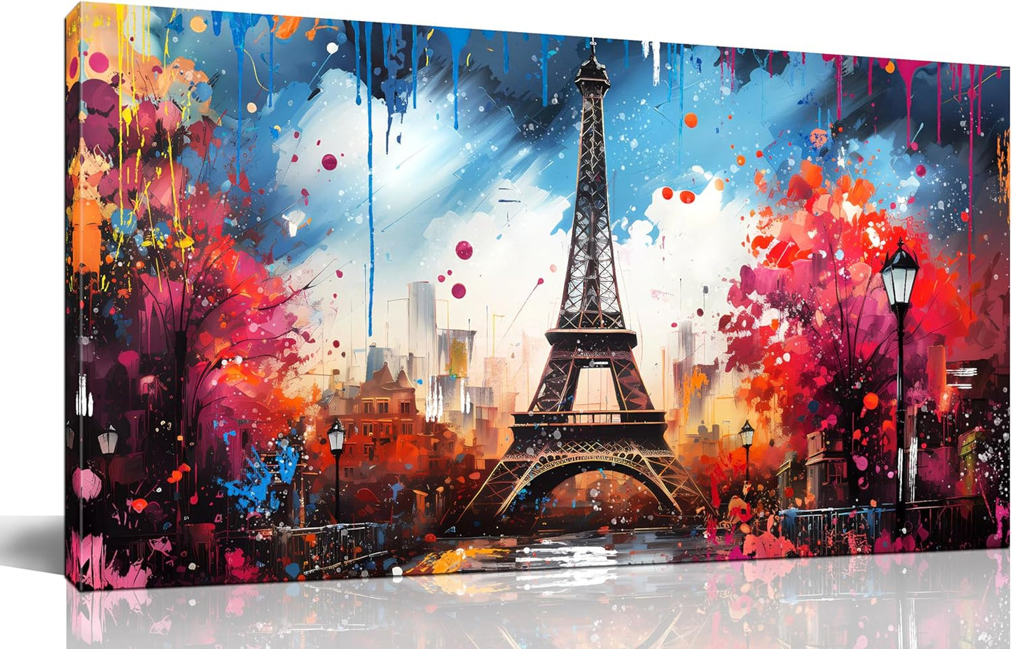 Large Canvas Wall Art Paris Eiffel Tower Decor Modern Blue and Red Graffiti Canvas Prints Ready to Hang for Living Room Bedroom Framed Home Decor Size 24x48