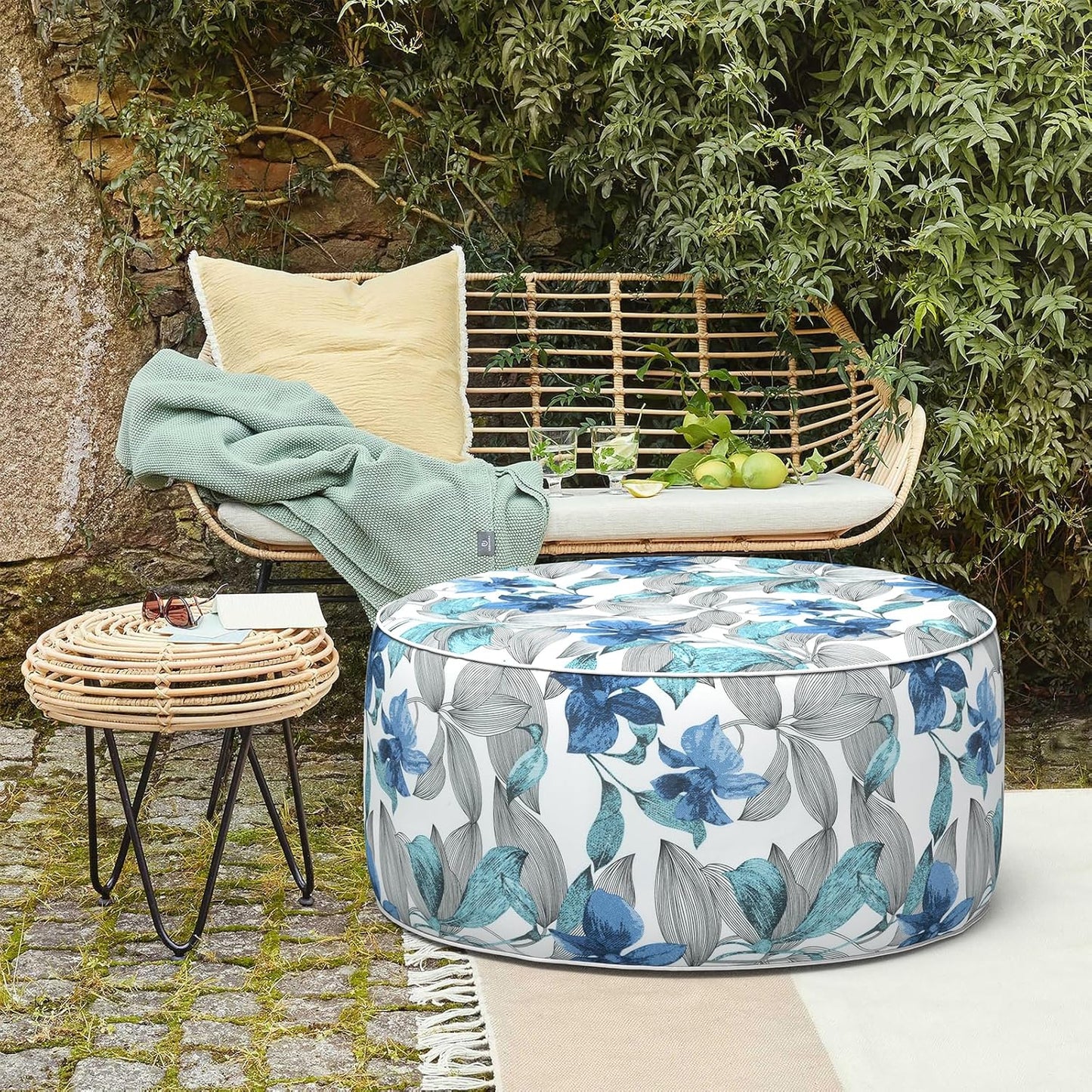 LVTXIII Outdoor/Indoor Inflatable Ottoman, All Weather Round Footrest Stool with Handle D31”x H14”, Portable Pouf for Patio Garden Camping or Home Decoration, Clemens Noir Blue