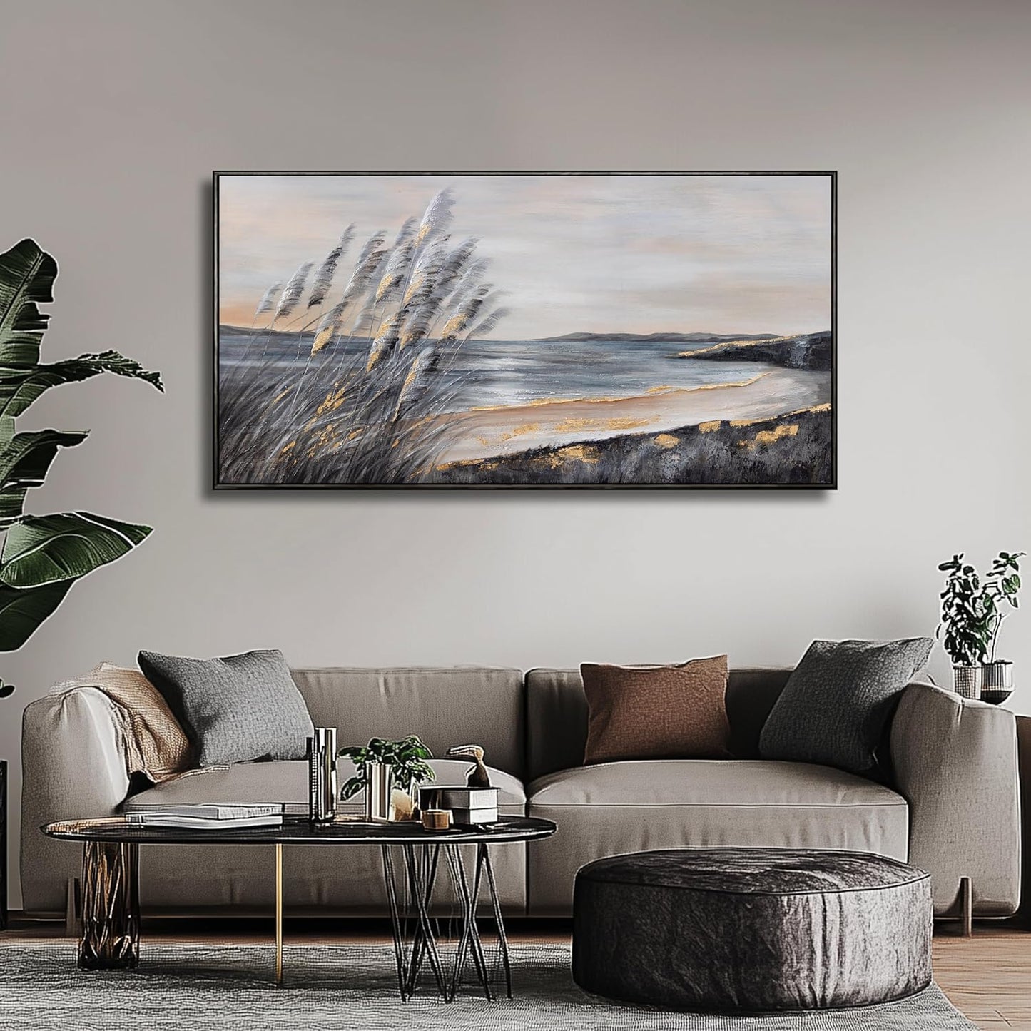 Yuaxker Ocean Wall Art Grey and Black Wall Decor Framed art Aesthetic Coastal Canvas Painting for Living Room Bedroom Dining Room Office Home Decor 24x48 Inch