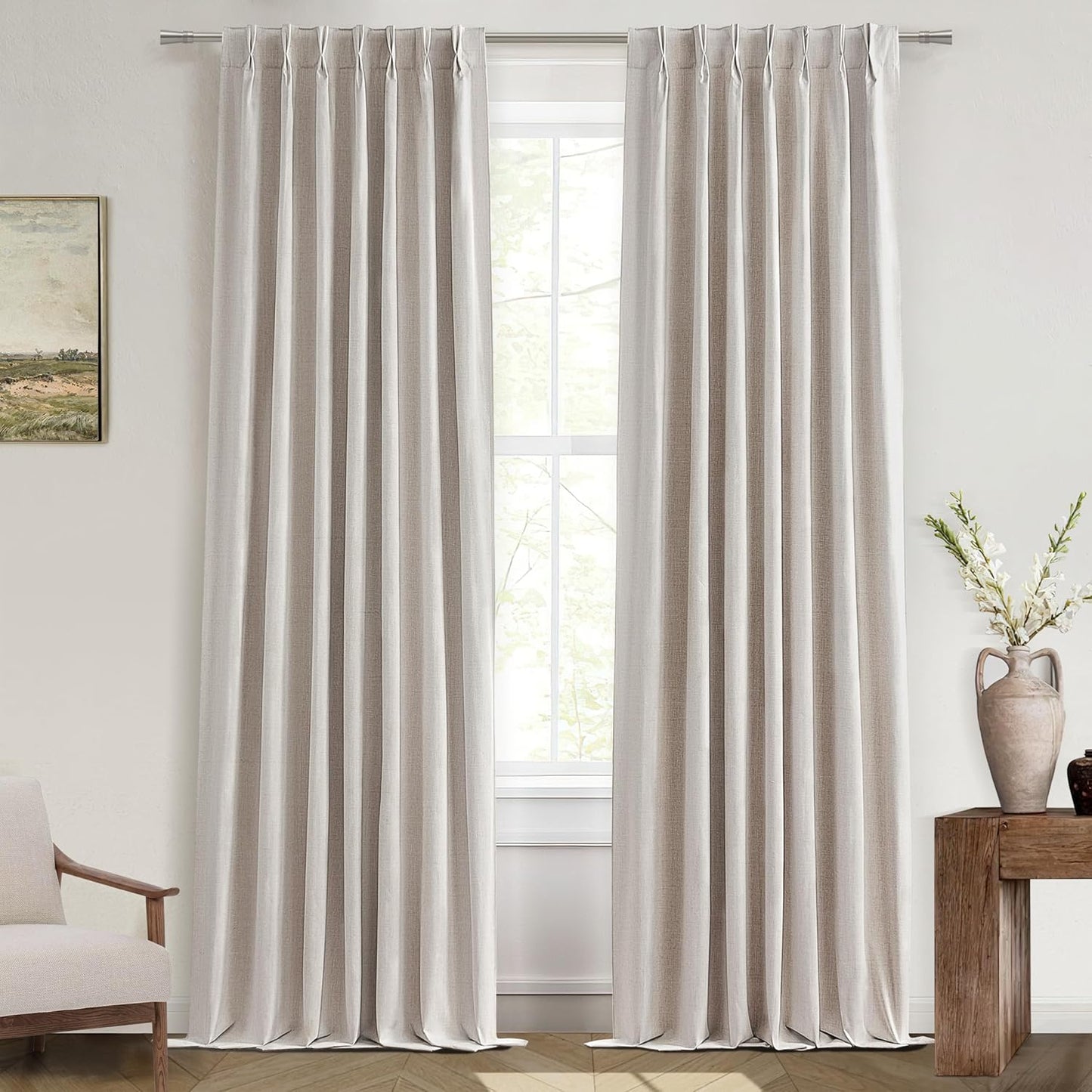 Primitive Curtain 108 Inch Long 2 Panels Burg,Pinch Pleated Cream Linen Blended 9 ft Floor Length to Ceiling Traverse Curtains for Living Room Extra Wide Blackout Drapes Sun Blocking Window