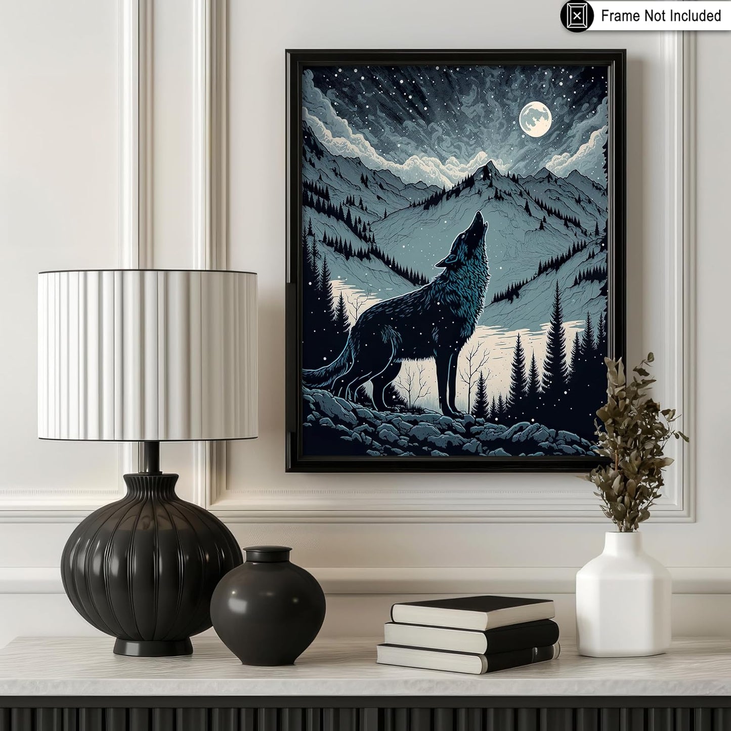 Poster Master Howling Wolf Poster - Moon Print - Mountain Art - Wolf & Moon Art - Gift for Men, Women & Animal Lover - Landscape Decor for Bedroom, Living Room or Kid's Room - 8x10 UNFRAMED Wall Art