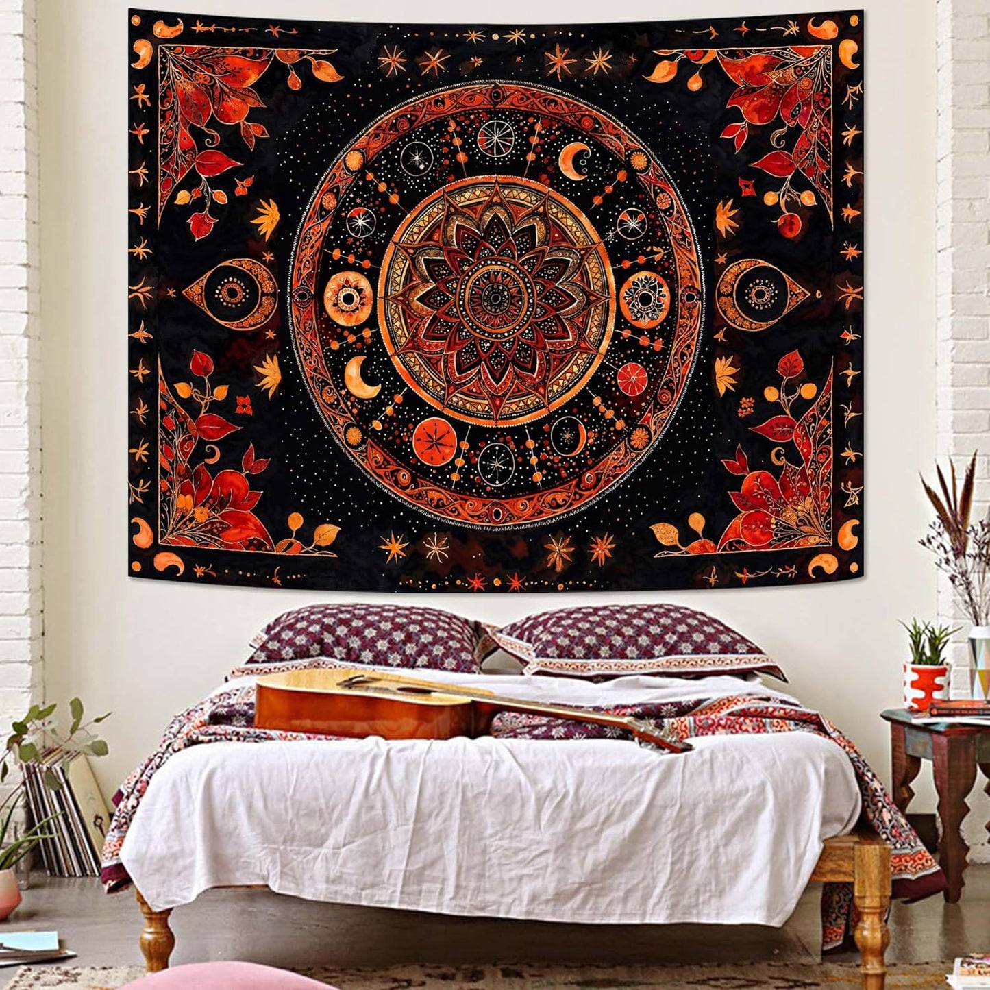 Lunerfex Mandala Moon and Stars Tapestry Boho Tapestry for Bedroom Black and Orange Tapestries Wall Hanging Living Room Wall Art and Home Decor 60x80
