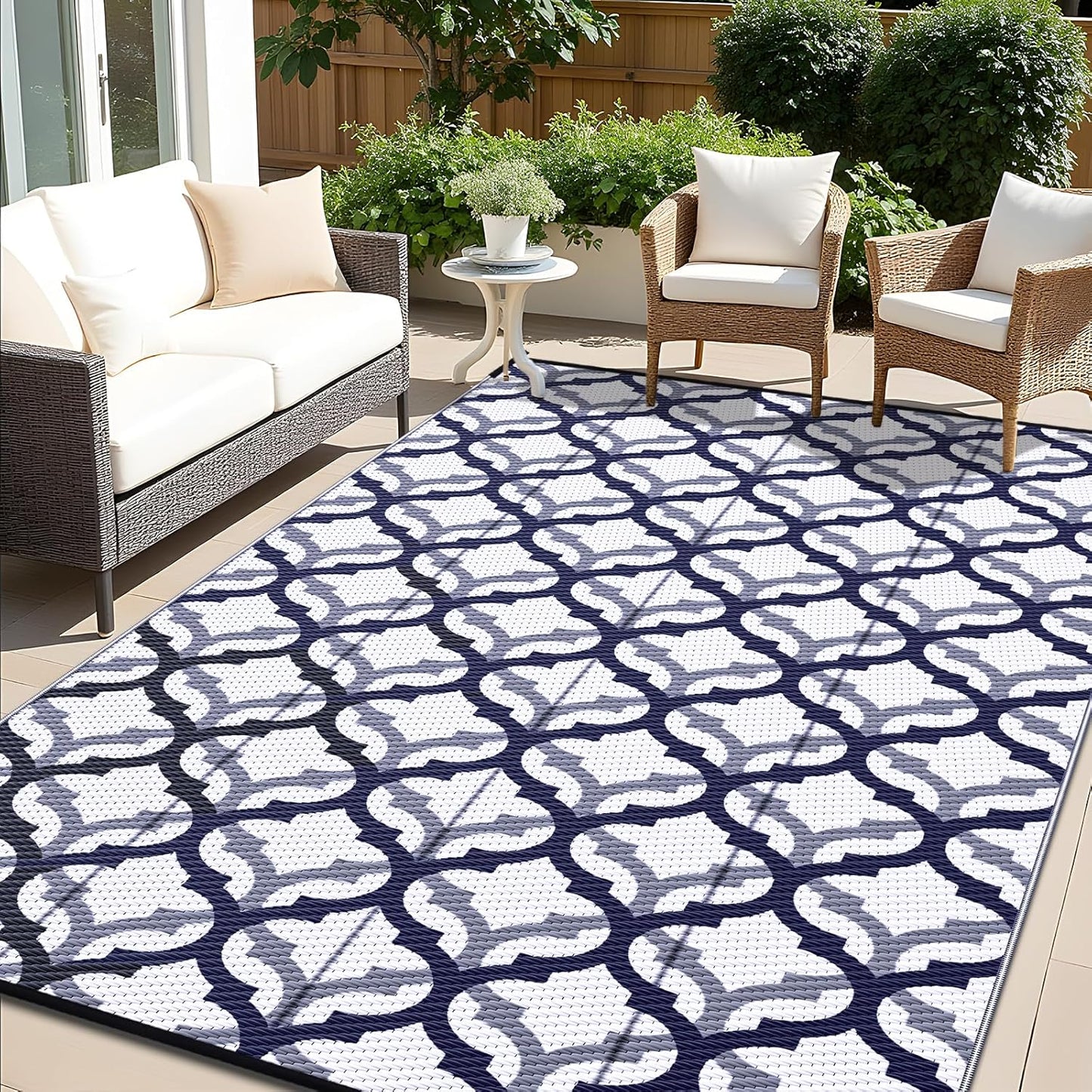 OLANLY Reversible Outdoor Rug 6x9 ft Clearance, Waterproof Outdoor Plastic Straw Rug with Interlacing Pattern, RV Mat for Patio, Camping, Balcony, Deck, Backyard, Navy & White