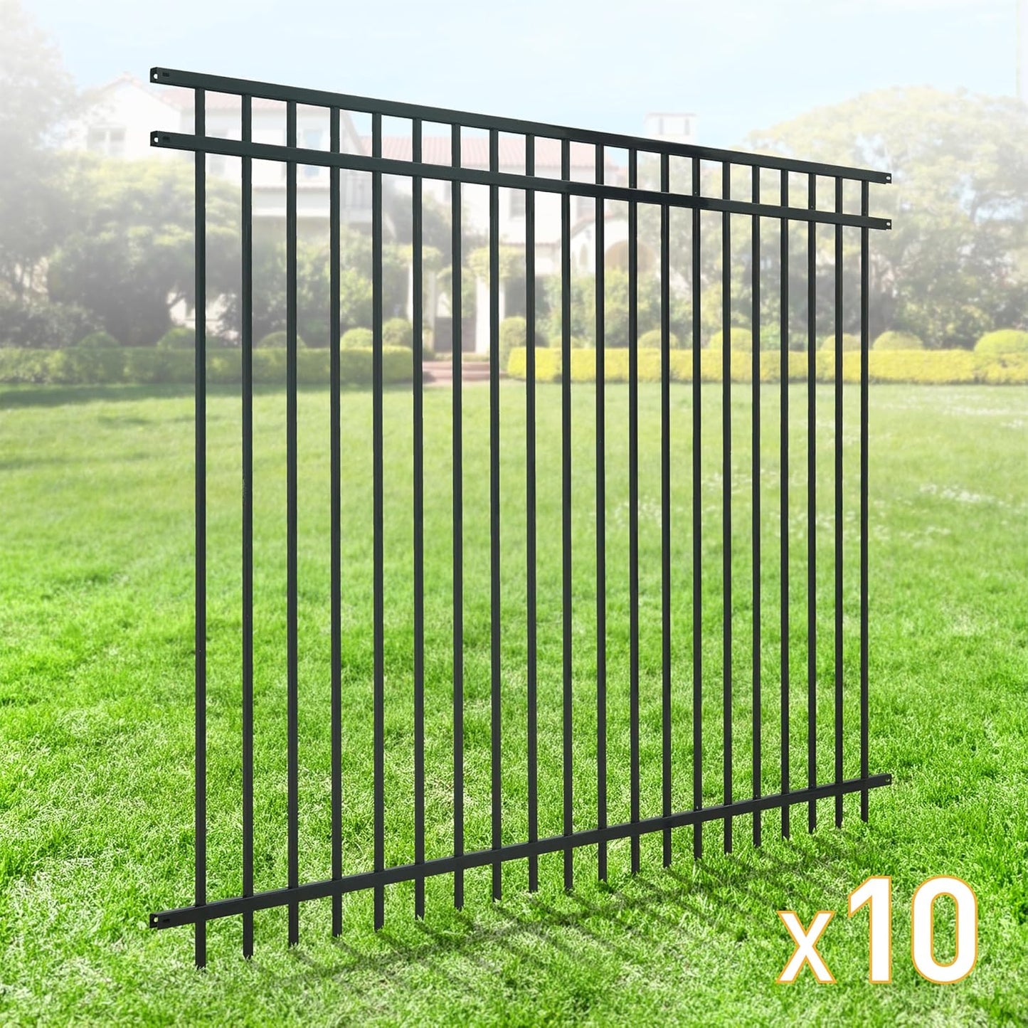 Fencer Wire Pack of 10 Heavy Duty Flat Top Fence Barrier Panel, 6FT Height X 8FT Width Anti-Rust Metal Fencing Panel, 2” Diameter Steel Outdoor Decorative Garden Fence Panel for Yard, Pool, Patio