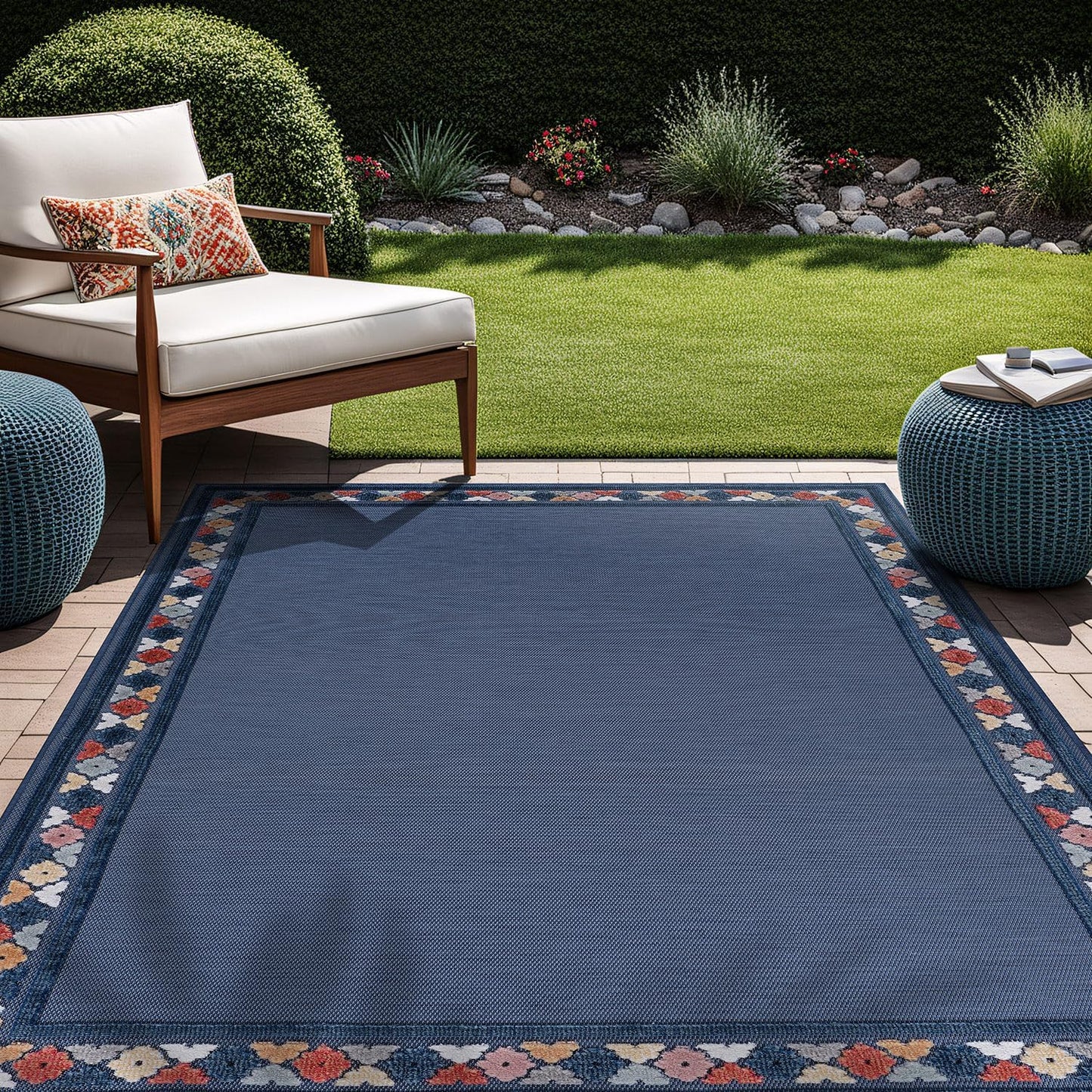 Beverly Rug Outdoor Rug 8x10 Modern Bordered Area Rugs for Indoor and Outdoor Patio Easy to Clean Non Shedding Living Room Porch Garden Washable Outside Carpet (8 x 10 Blue)