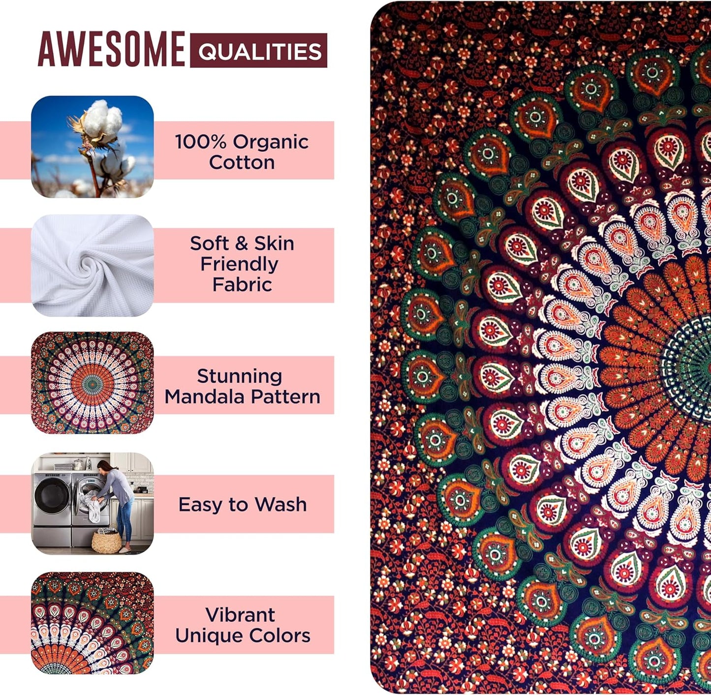 Raajsee Mandala Tapestry Wall Hanging – Blue Orange, 100% Cotton, Boho Hippie Decor, Twin Size (52x82 Inches / 132x208 cm) – Beach Throw, Bedspread, Meditation Yoga Mat