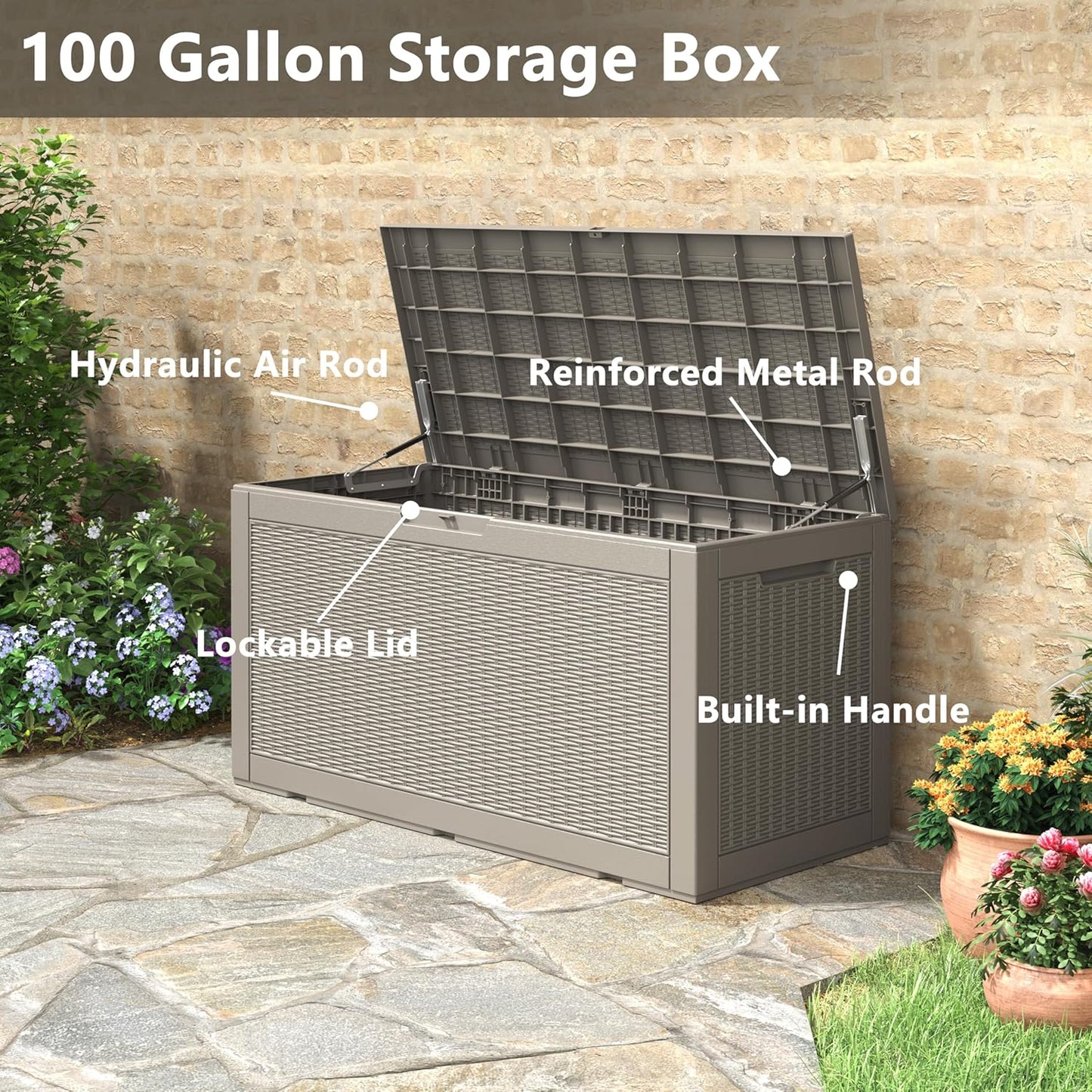 KAMABOKO 101 Gallon Waterproof Large Resin Deck Box, Lockable Large Outdoor Storage Boxes Indoor Outdoor Storage Container for Patio Cushions, Gardening Tools, Pool Supplies, Grey