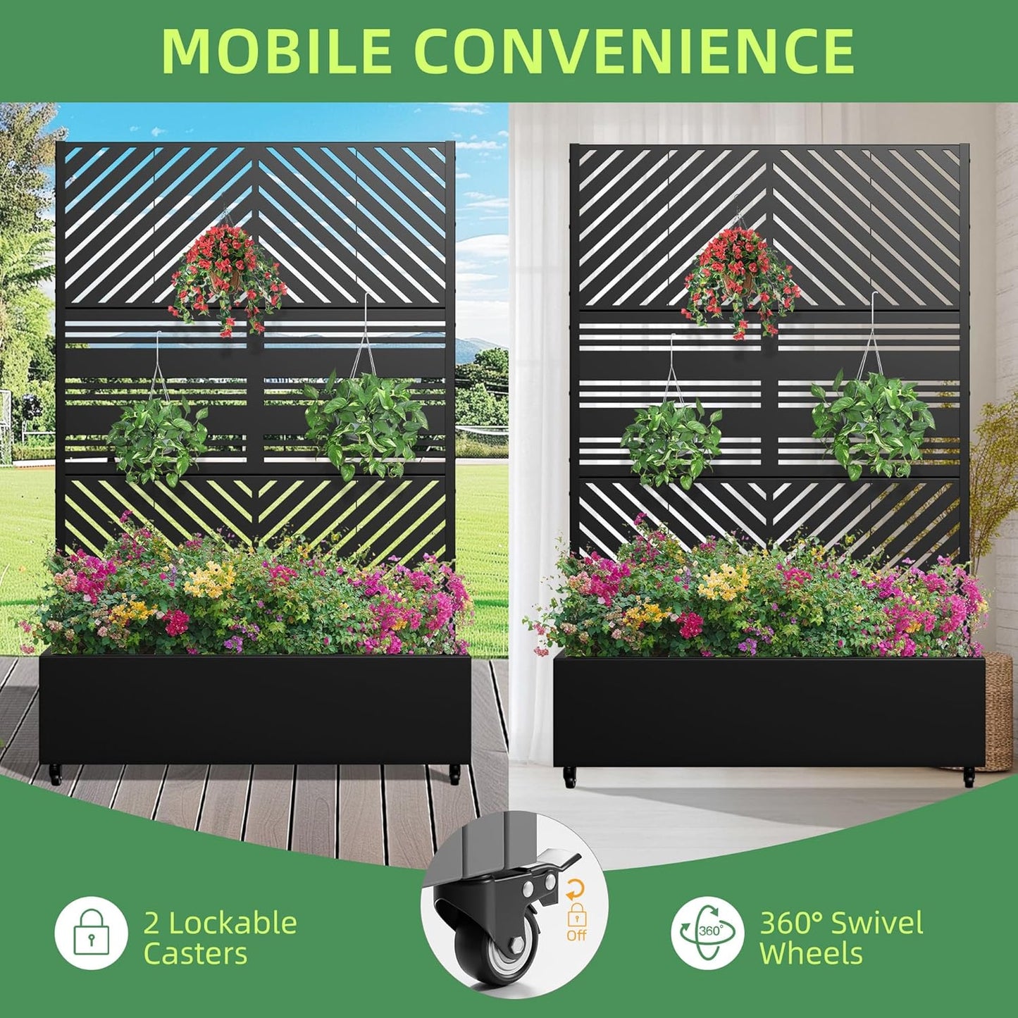 Casaphoria Metal Raised Garden Bed with Trellis and Wheels, 72"x47"x16" Planter Box for Climbing Plants, Vegetables & Vines, Features Drainage Holes and Privacy Screen, Black(Parallel&Harold)