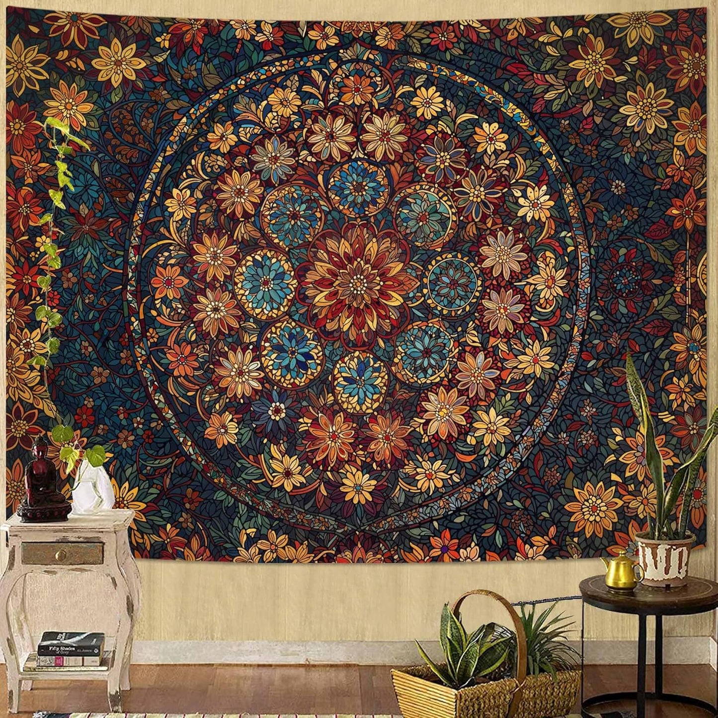 Fowocu Boho Floral Mandala Tapestry Wall Hanging Vintage Bohemian Flower Medallion Tapestry Aesthetic Orange Stained Glass Hippie Tapestries for Bedroom Living Room Dorm Decor 60 x 44 Inch