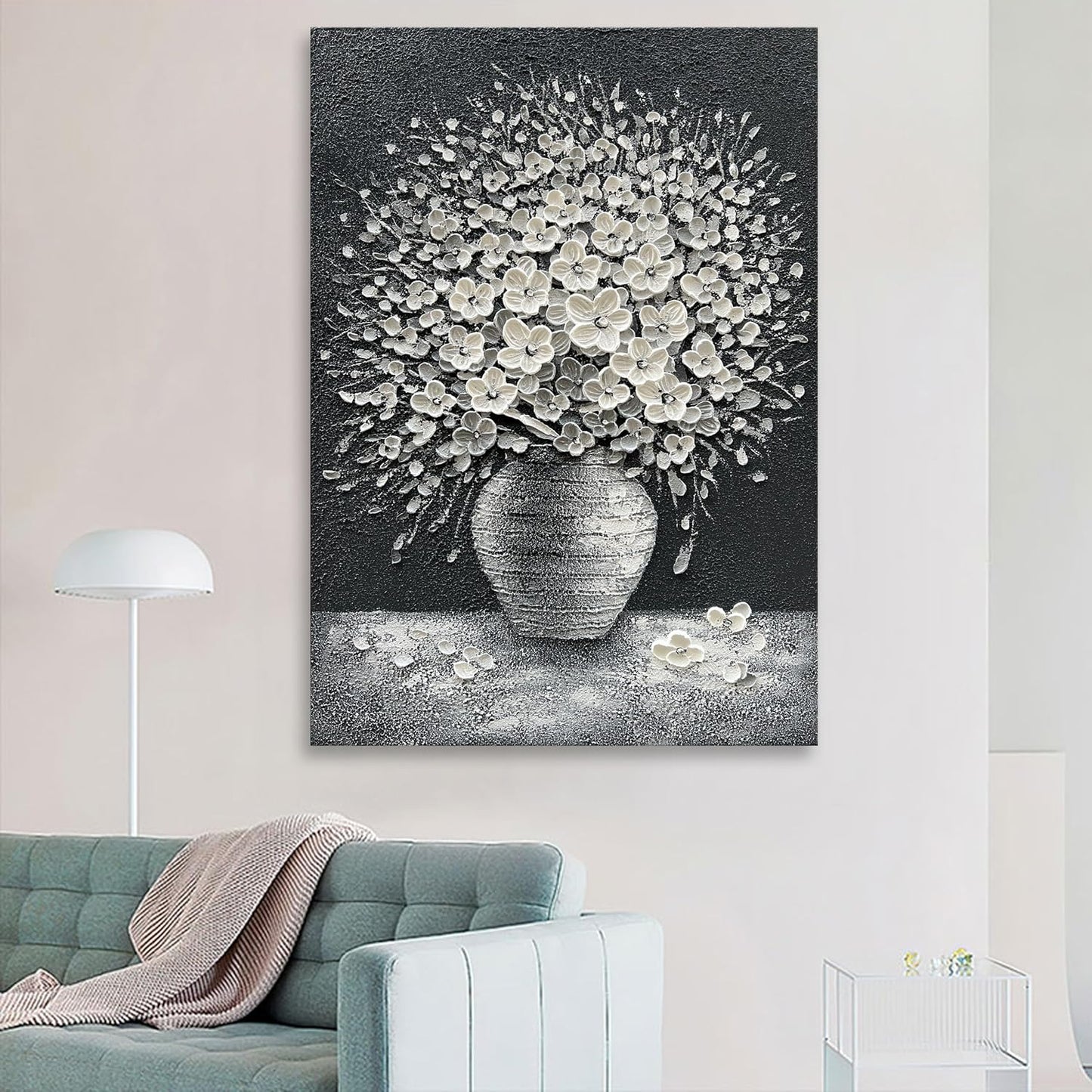Epicler art Hand-painted abstract white flower art oil painting, 40x28 inch canvas wall art painting office home wall decorative art