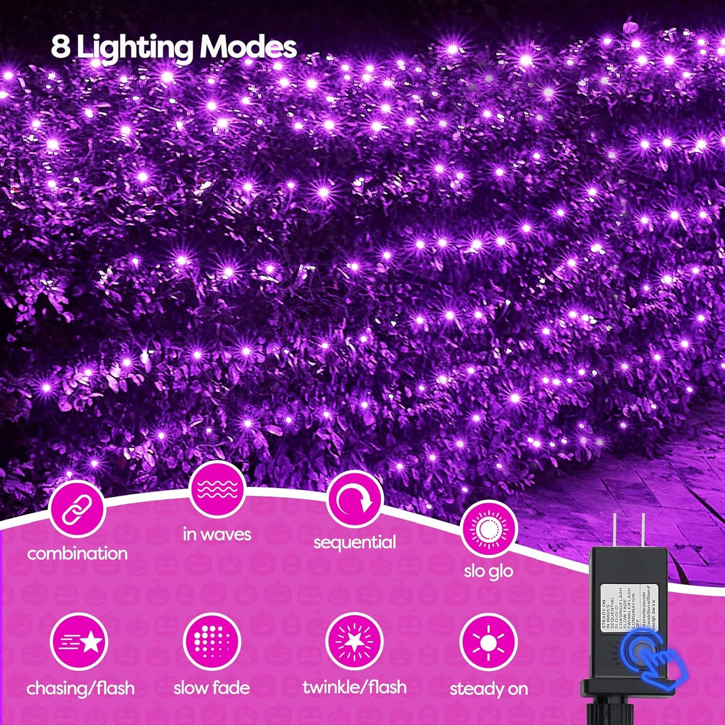 WBao Halloween Lights Outdoor 200LED F8 Big Bulbs, 8.4ft x 5.2ft Halloween Net Lights with 8 Modes, Timer, Connectable, Waterproof & Dark Green Wire for Lawn, Bushes, Trees Outdoor Decorations, Purple