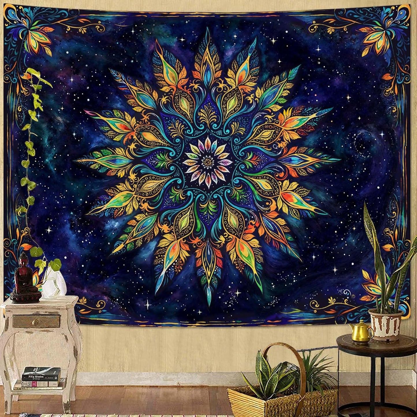 Fowocu Boho Floral Mandala Tapestry for Bedroom Aesthetic Blue Bohemian Colorful Flower Wall Tapestry Purple Hippie Indian Large Tapestries Wall Hanging for Living Room Dorm Decor 80 x 60 Inch
