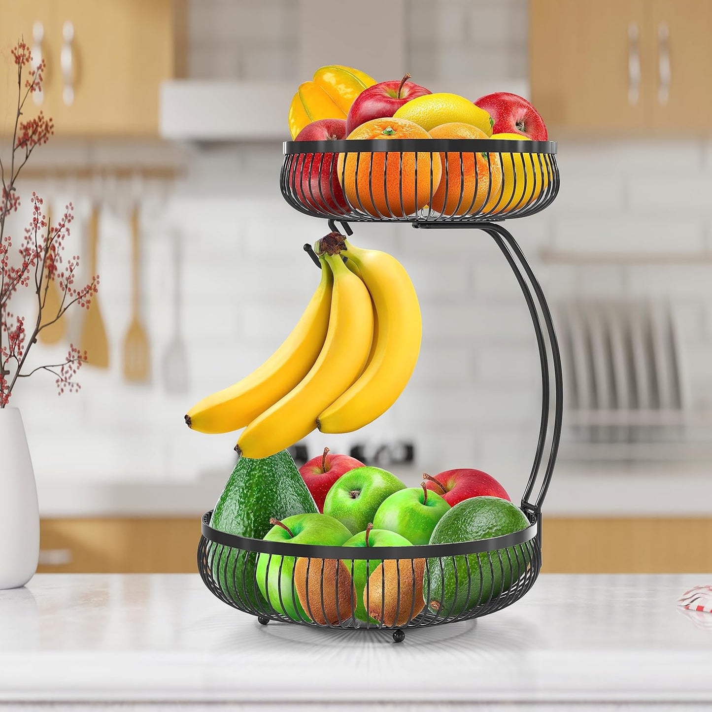 Simple Houseware 2-Tier Countertop Fruit Basket with Banana Hanger, Black