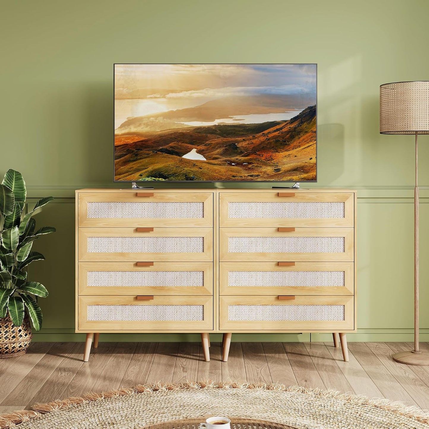 WLIVE Rattan Dresser for Bedroom, 4 Drawer Wood Boho Dresser Storage with Gold Metal Handle, Chest of Drawers for Living Room, Closet, Hallway, Light Oak