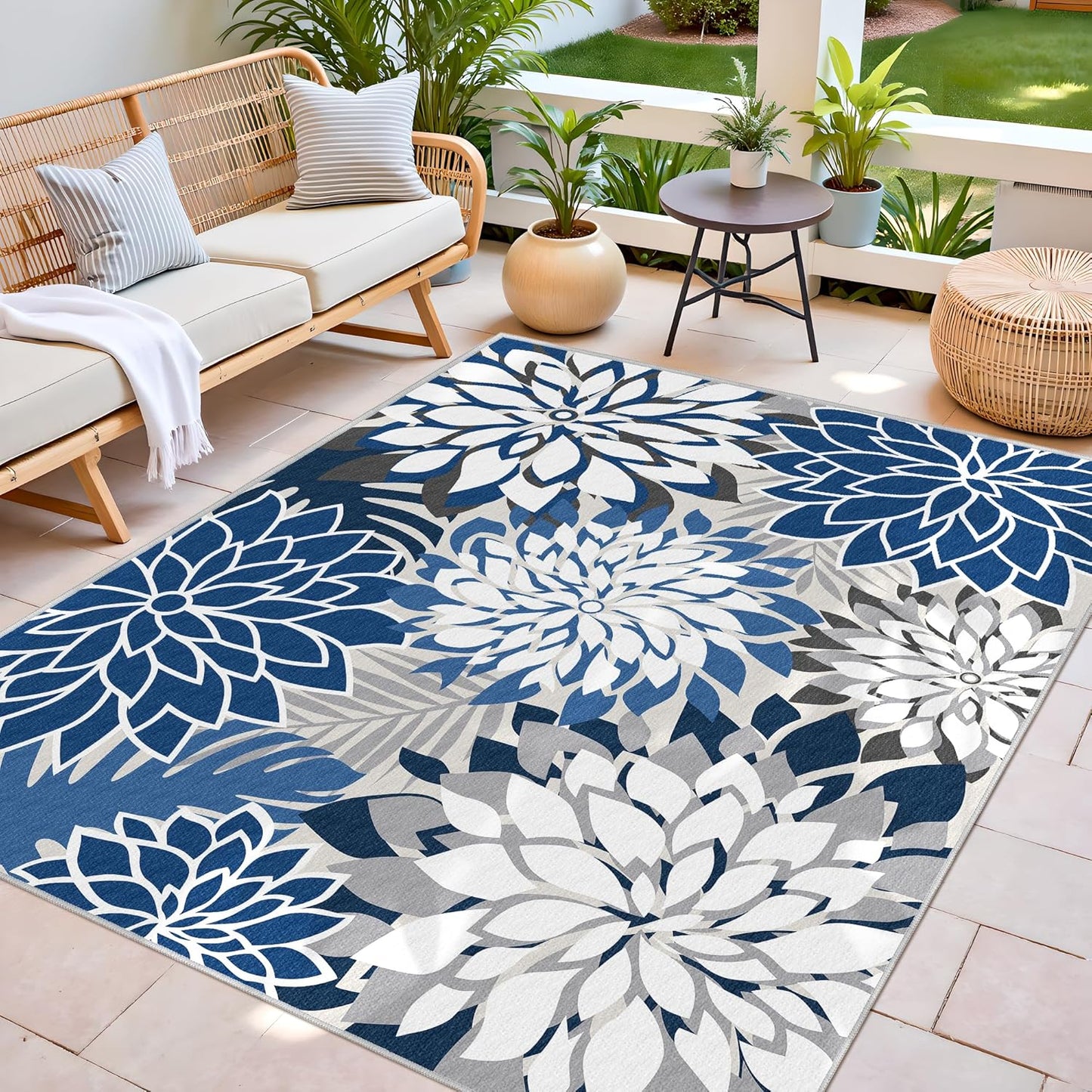 Indoor Outdoor Area Rug Washable Multicolored Patio Rug Tropical Botanical Modern Floral Indoor Outdoor Carpet Blue White Rug Non Slip for Patio, Deck, Backyard, Porch (5x8)