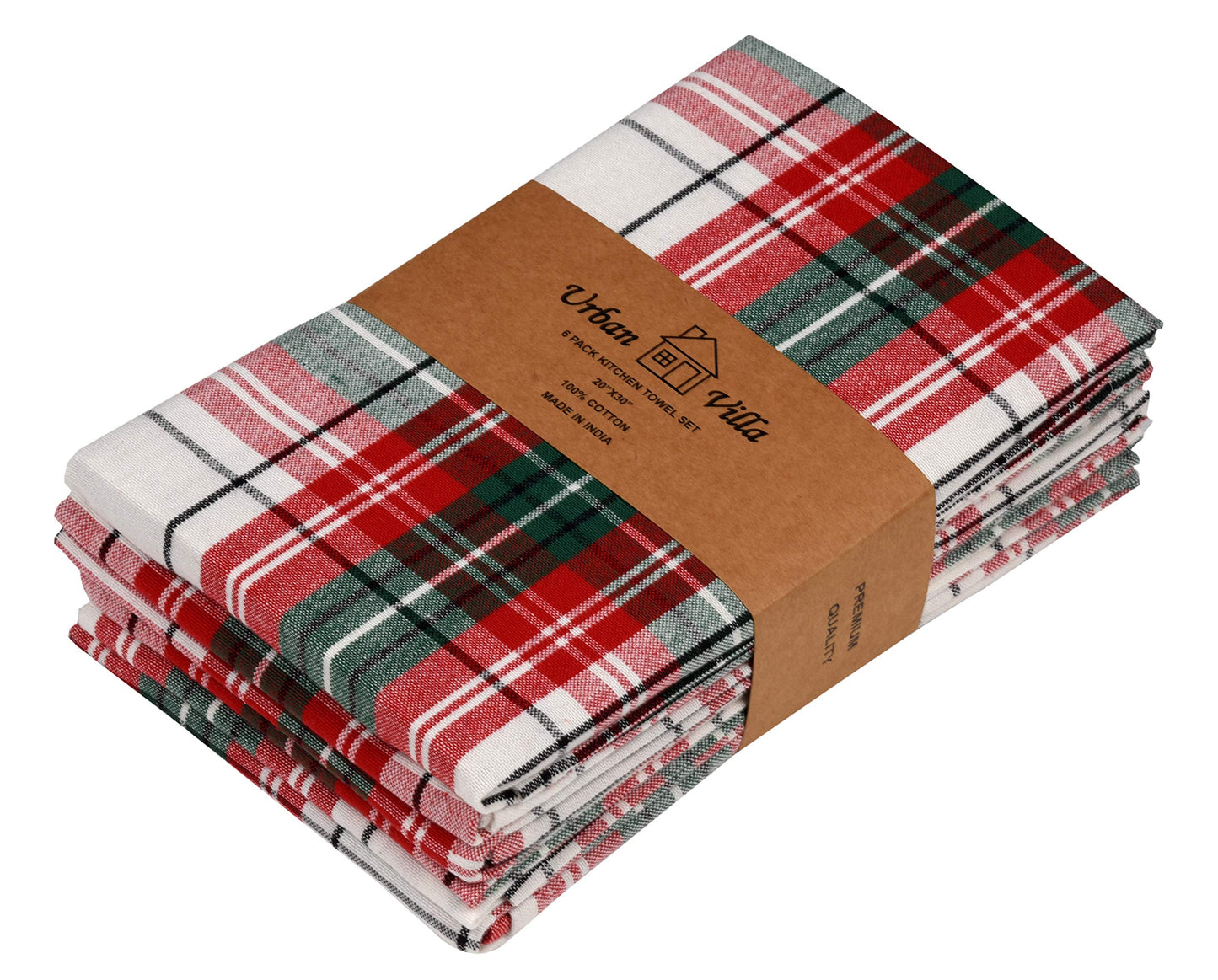 Christmas Check Kitchen Towel Set (6 Pack) – 100% Cotton, Absorbent Dish Cloths with Loop (20"x30")
