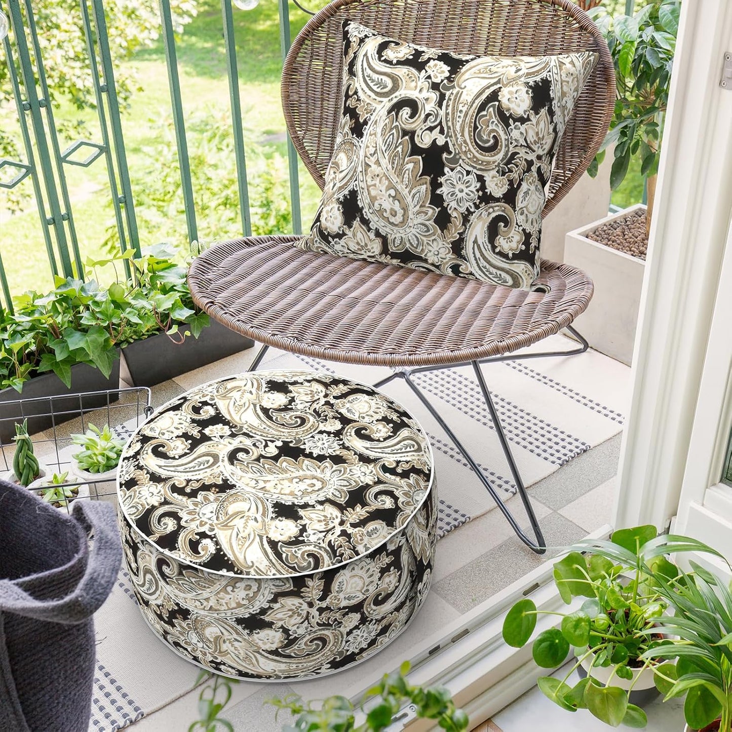 Inflatable Ottoman Stool D21 xH9 for Outdoor/Indoor Use, Water Repellent Patio Foot Rest Stool with Portable Handle,Round Pouf Ottoman Suitable for Garden,Deck and Camping - Paisley Black